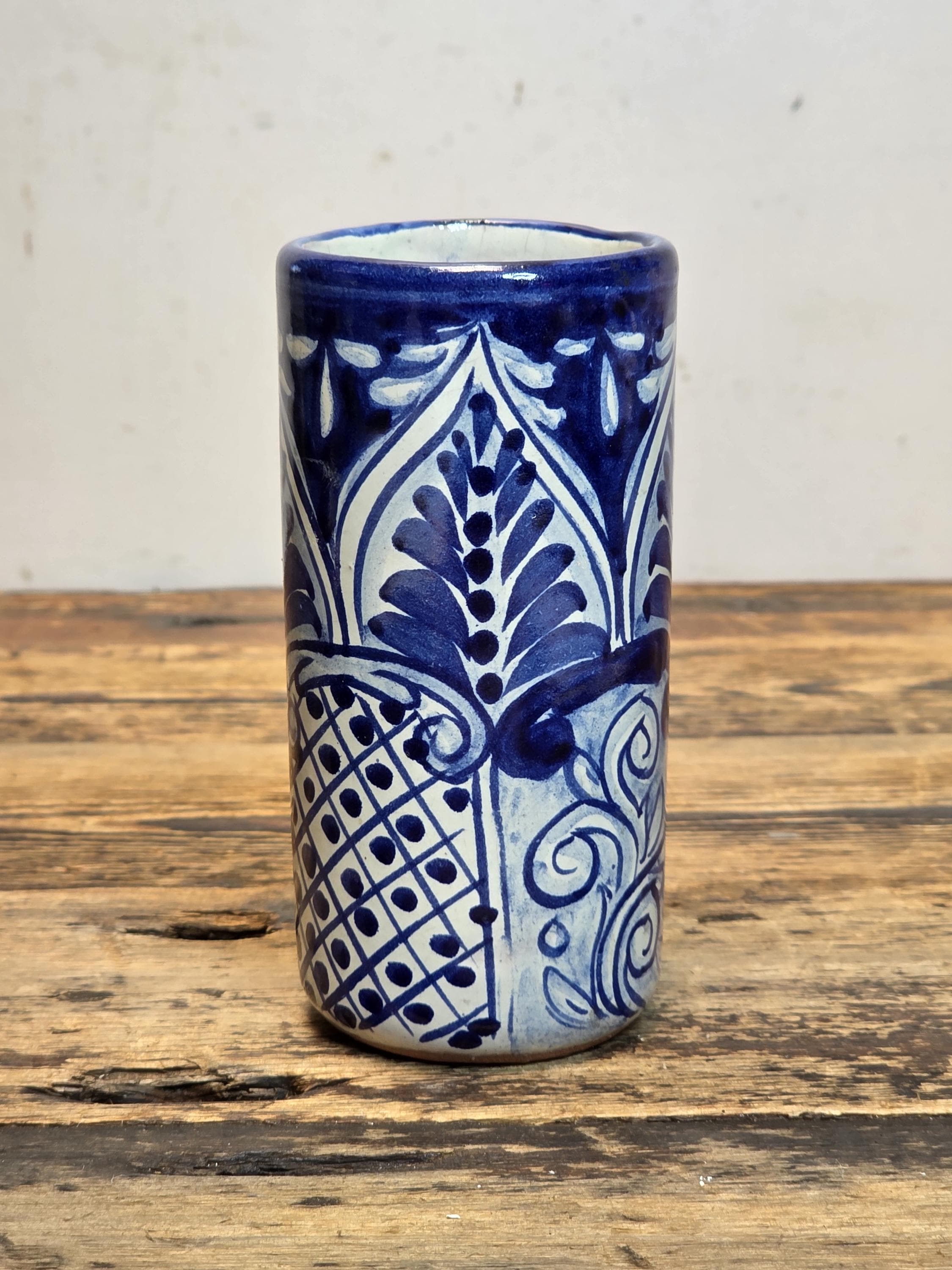 Vintage Mexican Talavera Tumbler - Blue & White Hand-Painted Pottery