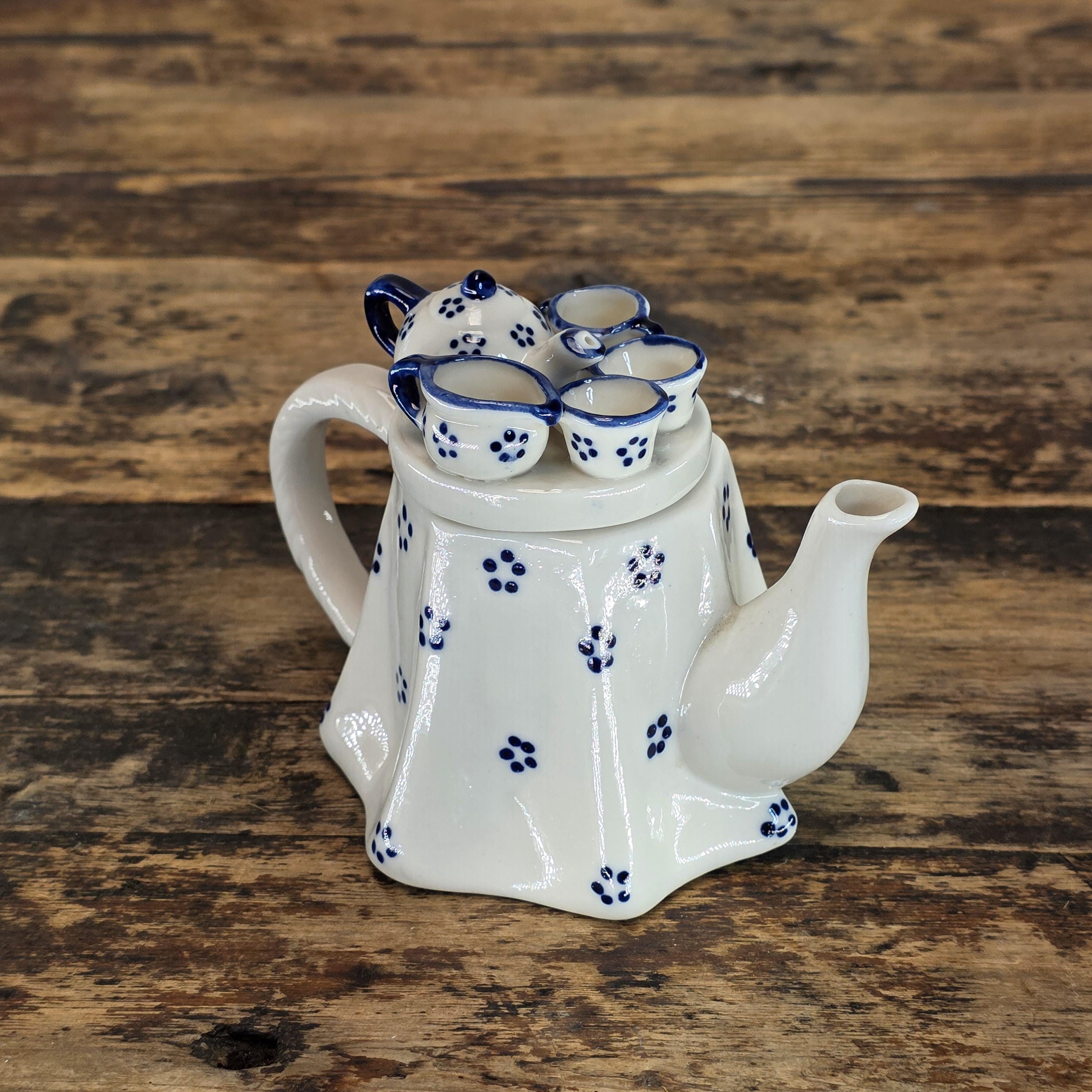 Vintage "Tea Party" Novelty Teapot - Delft Blue Style - Japanese Export Ceramic