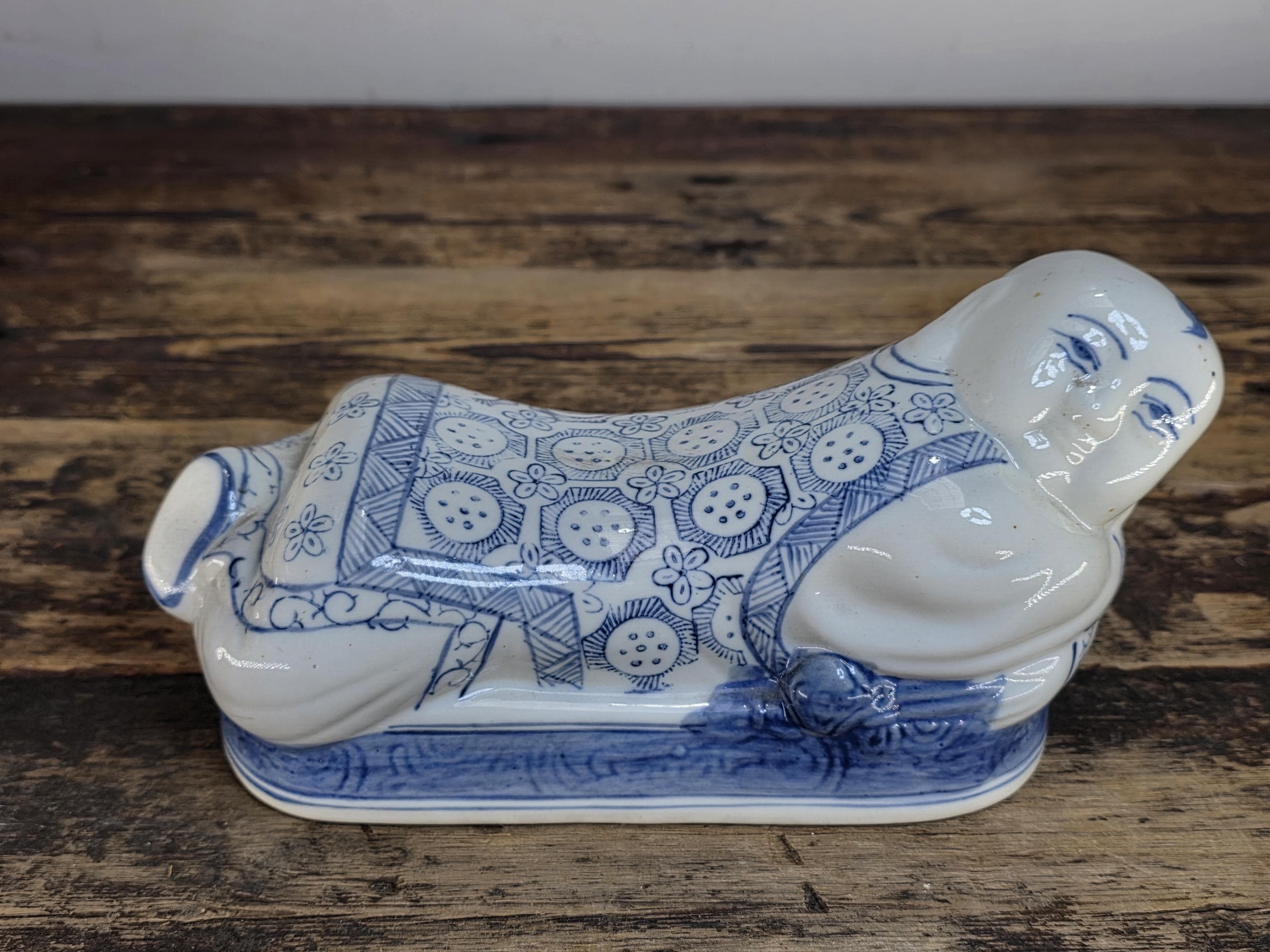 Vintage Pair of Chinese Blue & White Porcelain Pillows - "Lounging Boys"