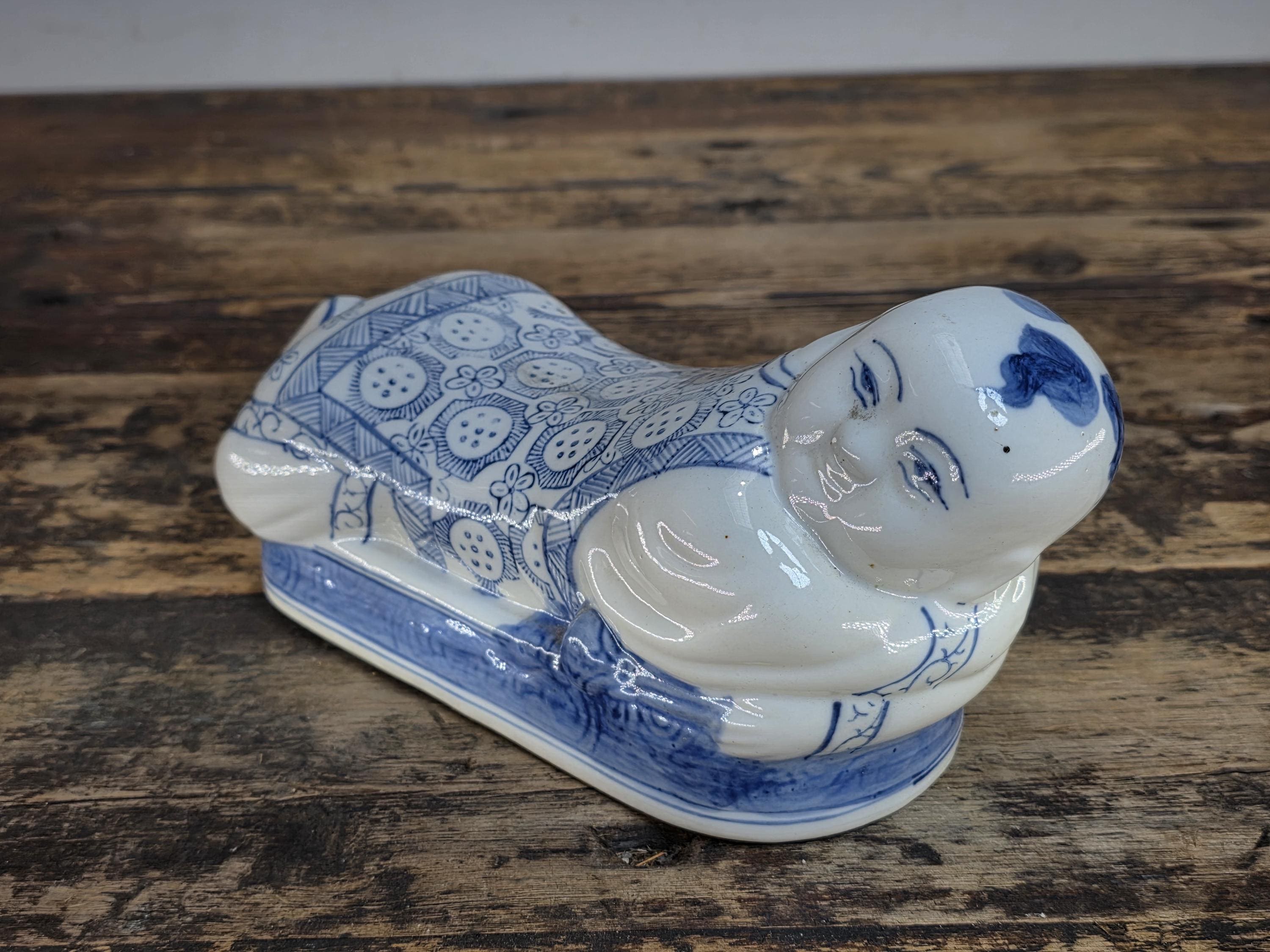 Vintage Pair of Chinese Blue & White Porcelain Pillows - "Lounging Boys"