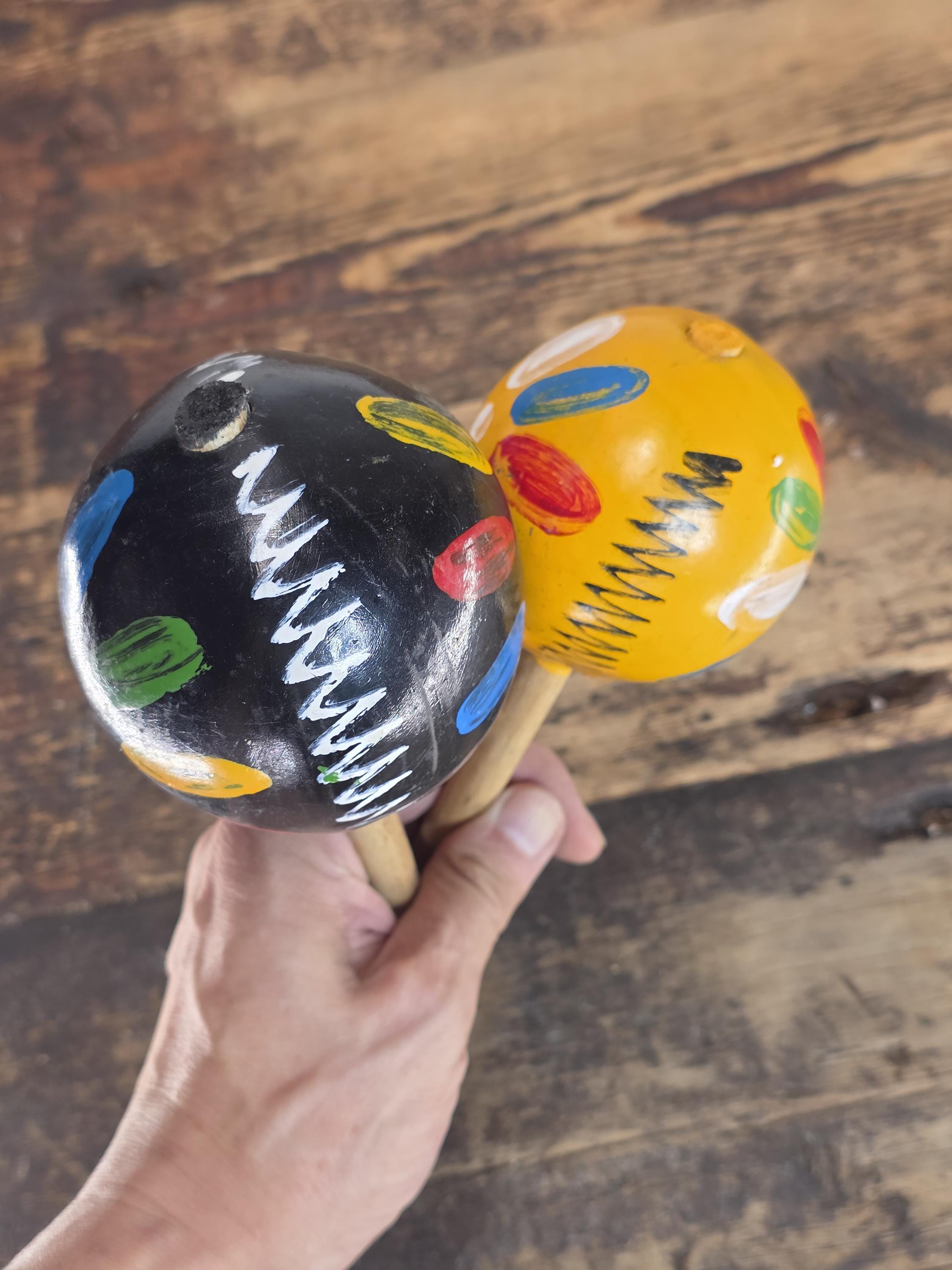 Vintage Mexican Folk Art Set - Pair of Maracas & Serape-Style Woven Placemat