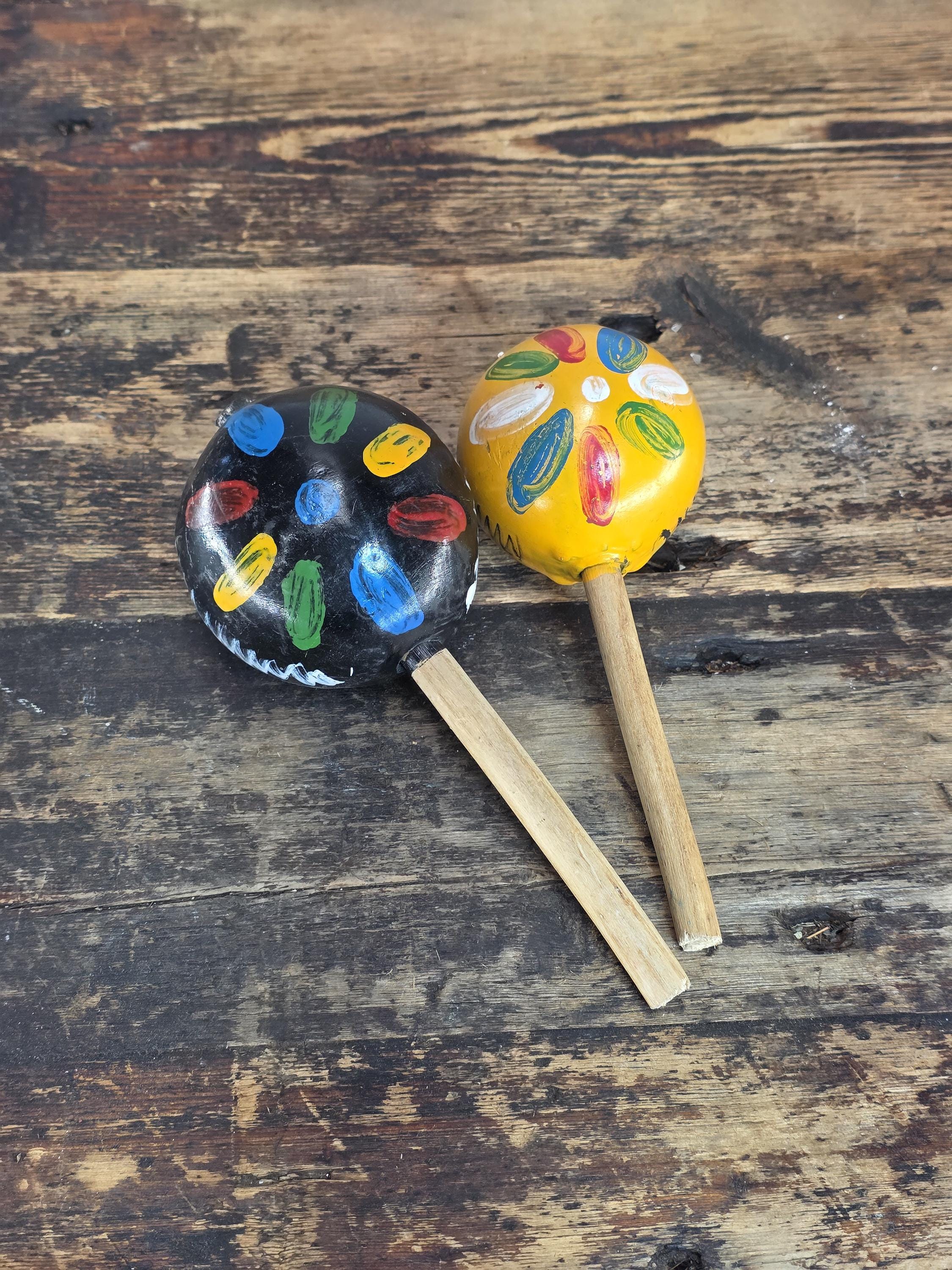 Vintage Mexican Folk Art Set - Pair of Maracas & Serape-Style Woven Placemat