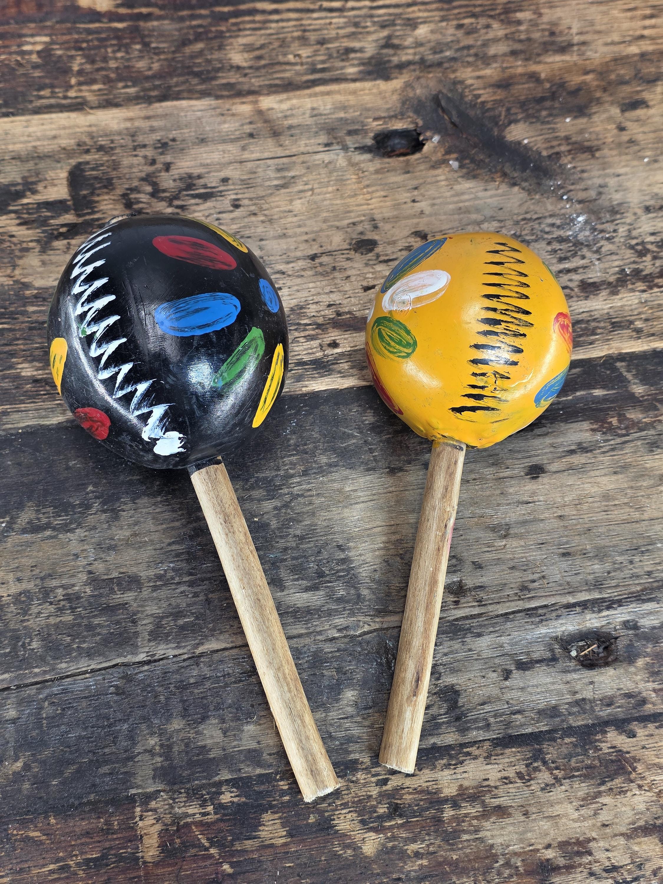 Vintage Mexican Folk Art Set - Pair of Maracas & Serape-Style Woven Placemat