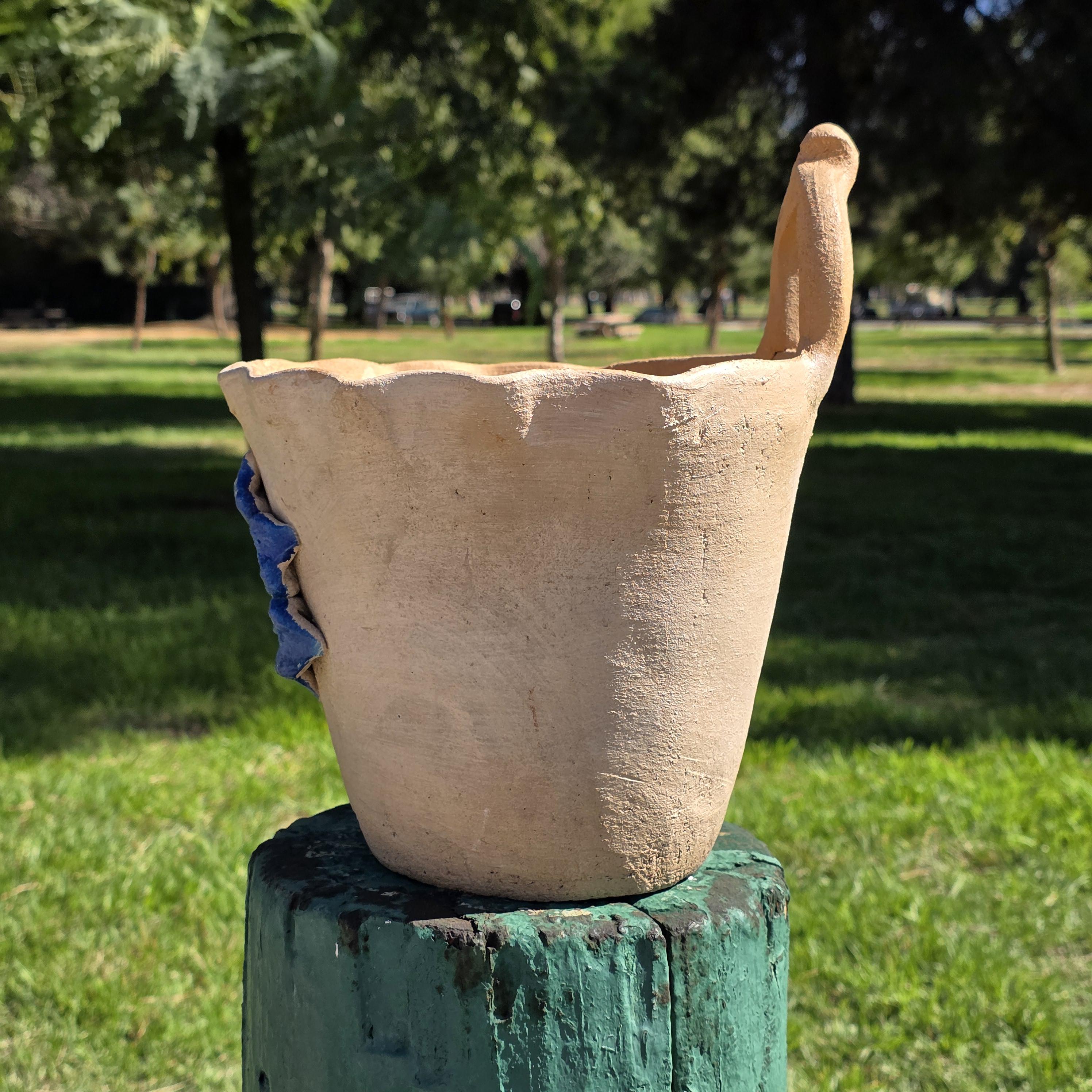 Vintage Atzompa Oaxaca Terracotta Wall Pocket Planter with Blue Flower