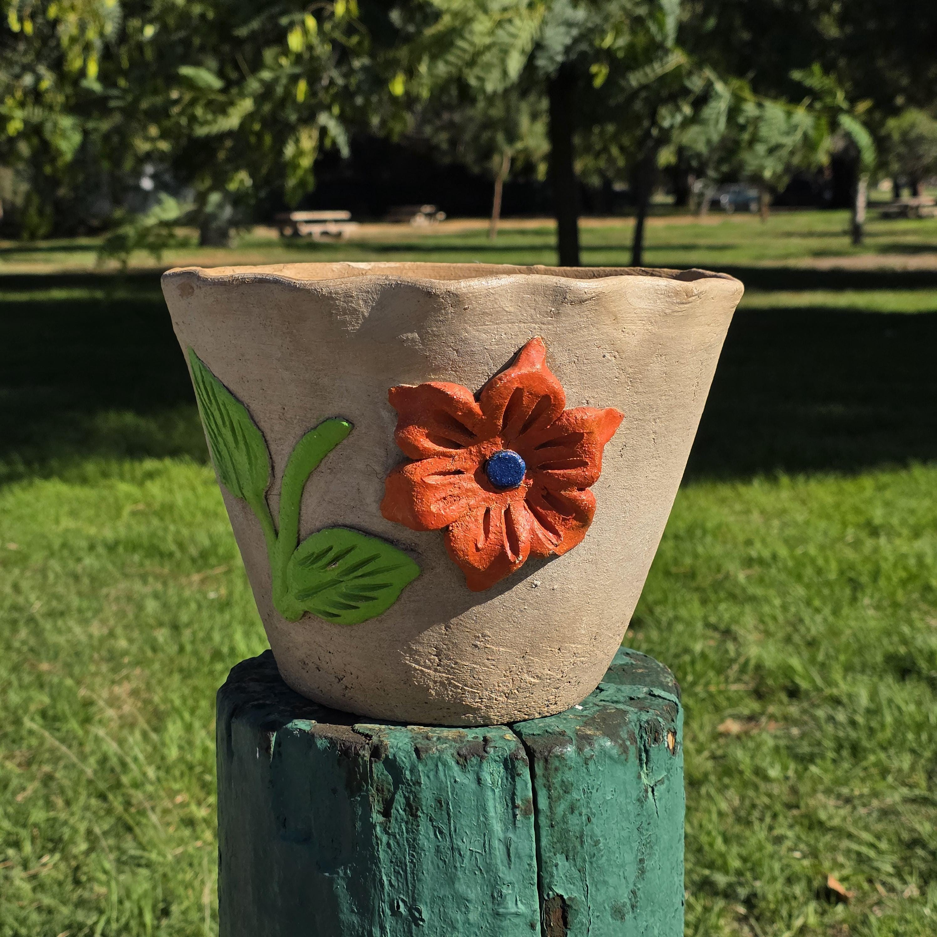 Vintage Atzompa Oaxaca Terracotta Wall Pocket Planter with Orange Flower