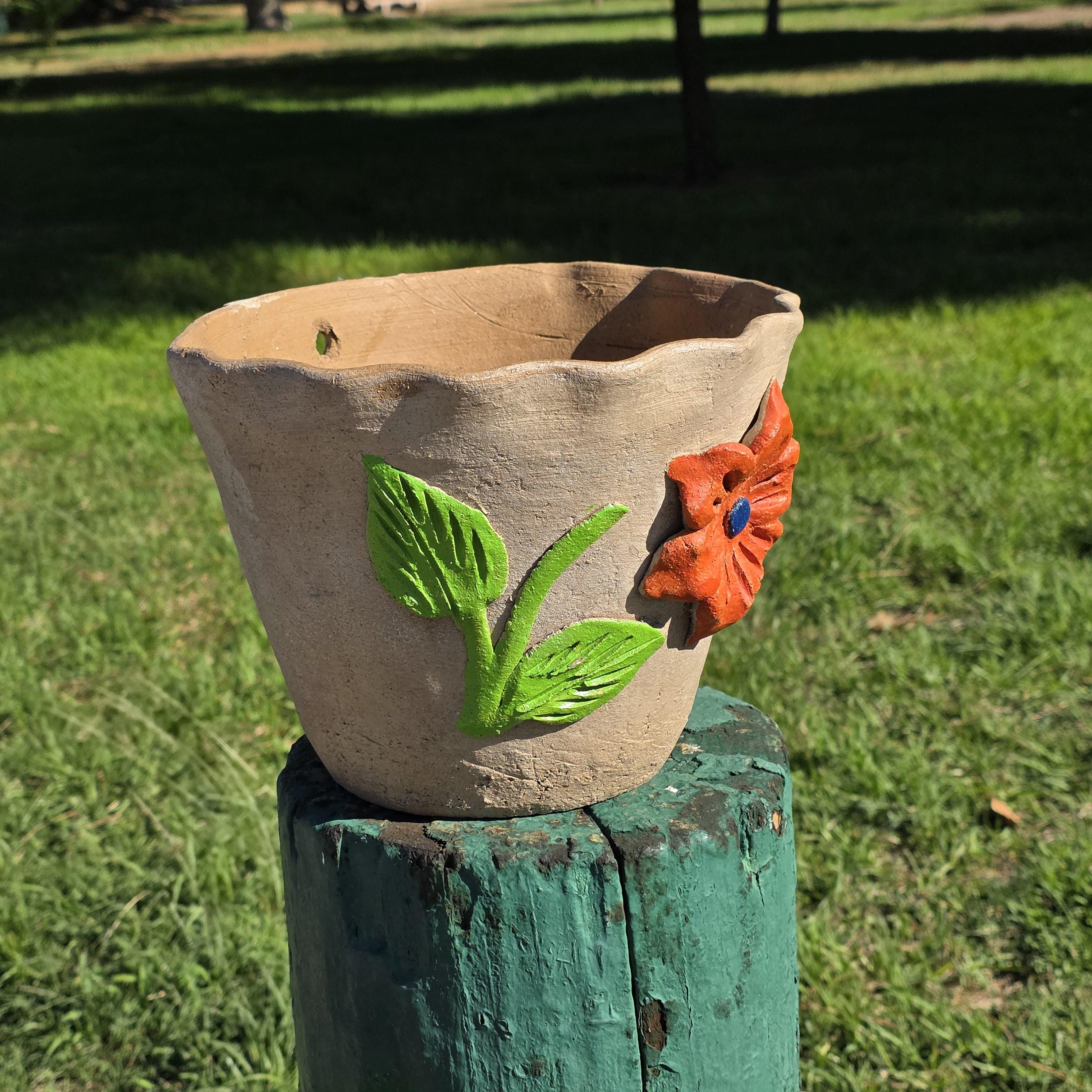 Vintage Atzompa Oaxaca Terracotta Wall Pocket Planter with Orange Flower