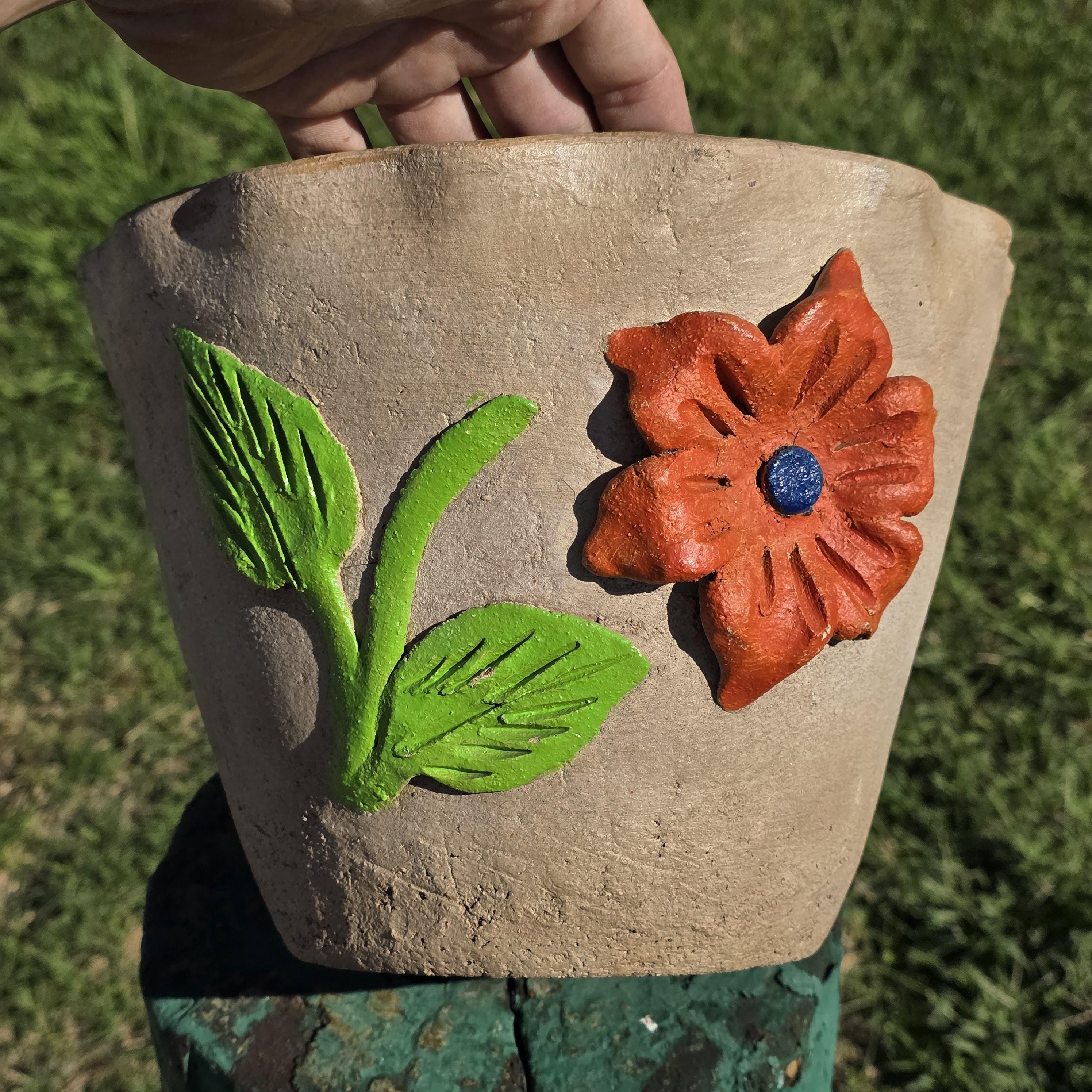 Vintage Atzompa Oaxaca Terracotta Wall Pocket Planter with Orange Flower