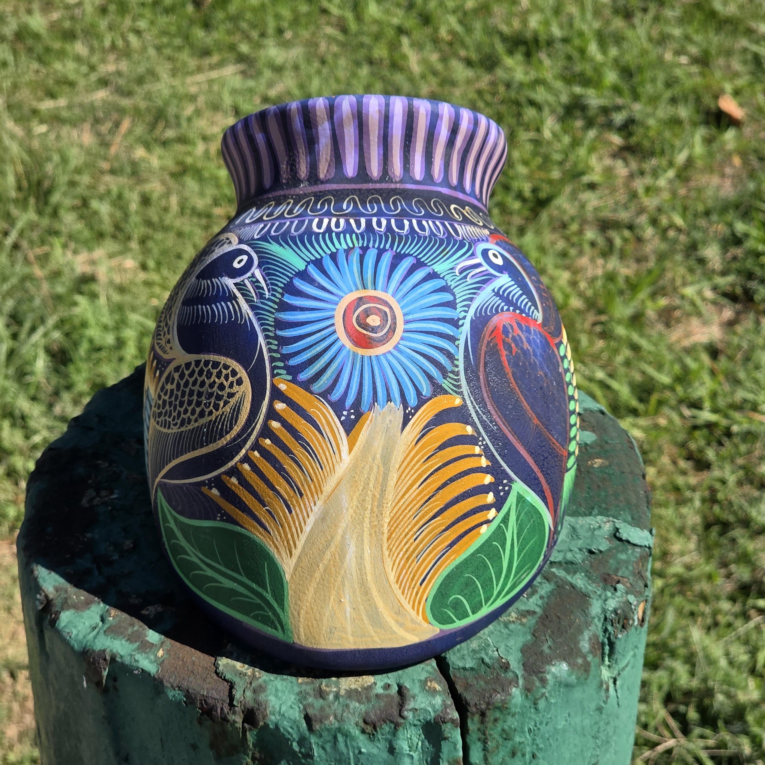 Hand-Painted Jalisco Mexico Pottery Wall Pocket Planter Folk Art Birds & Flowers