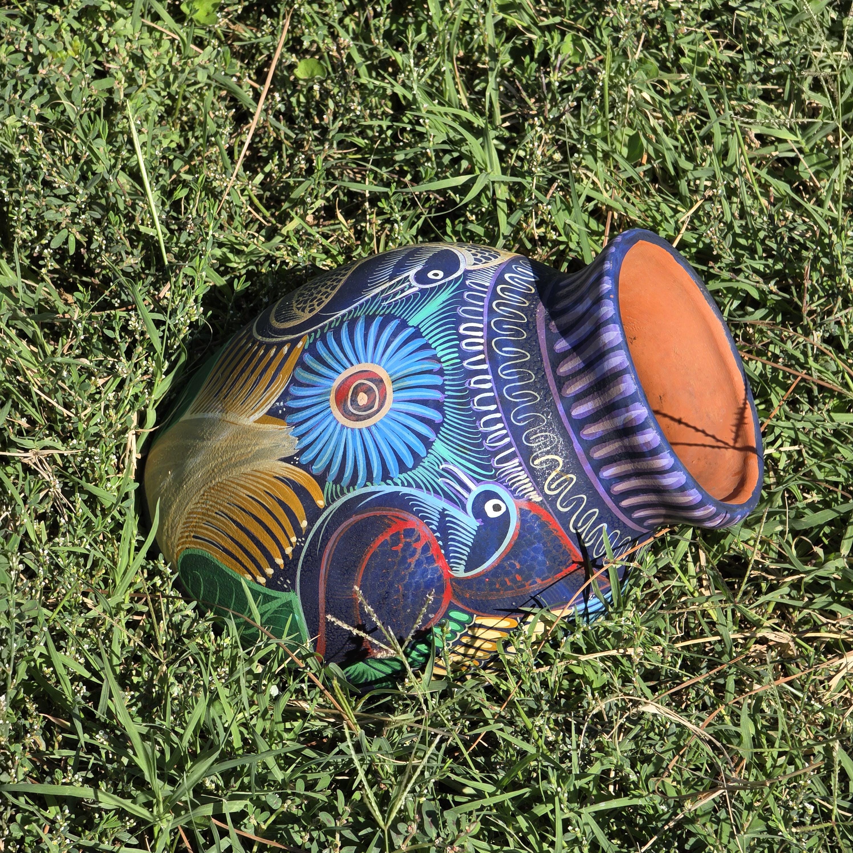Hand-Painted Jalisco Mexico Pottery Wall Pocket Planter Folk Art Birds & Flowers
