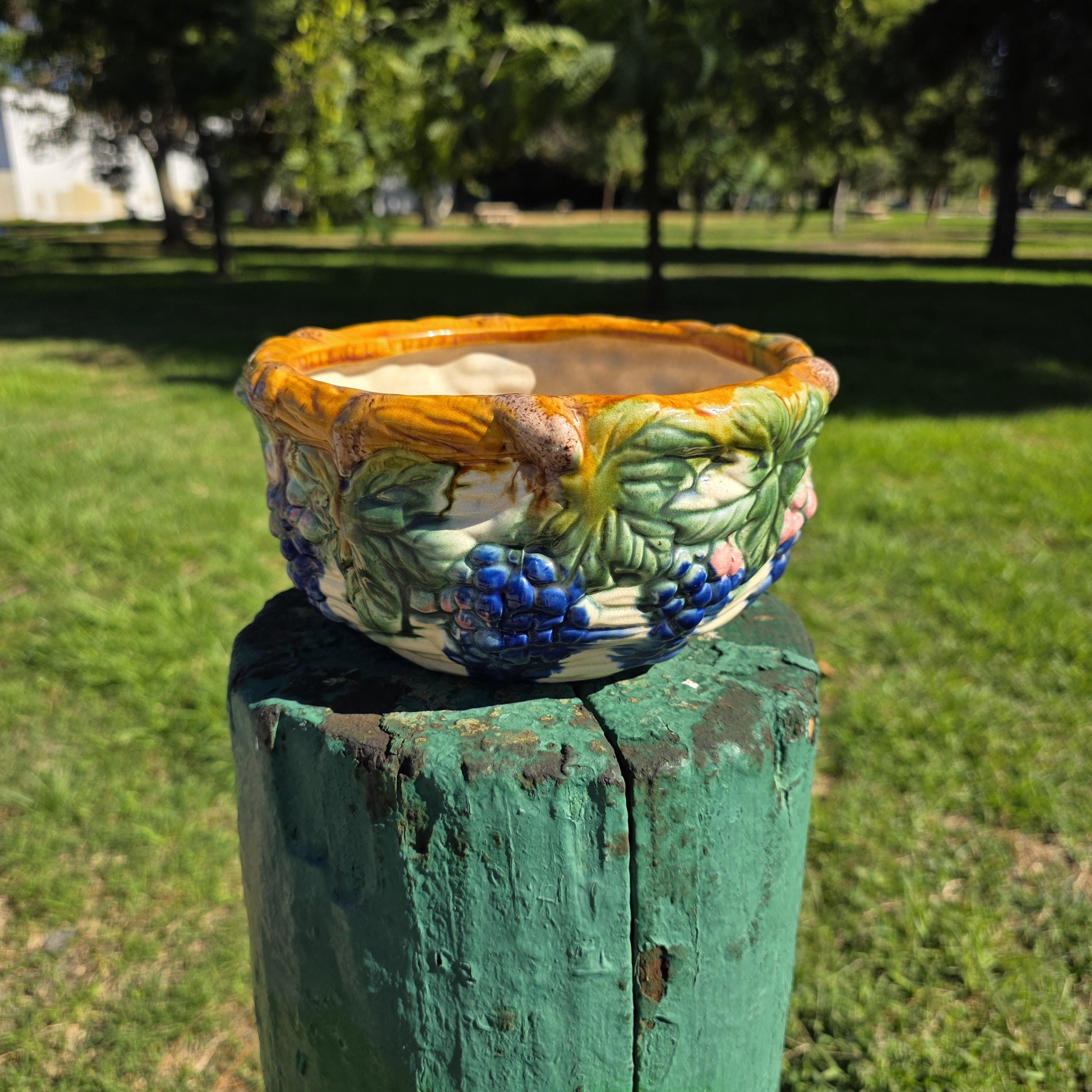 Vintage Majolica-Style Ceramic Planter with Grapevine Relief 8"Dia x 4"H