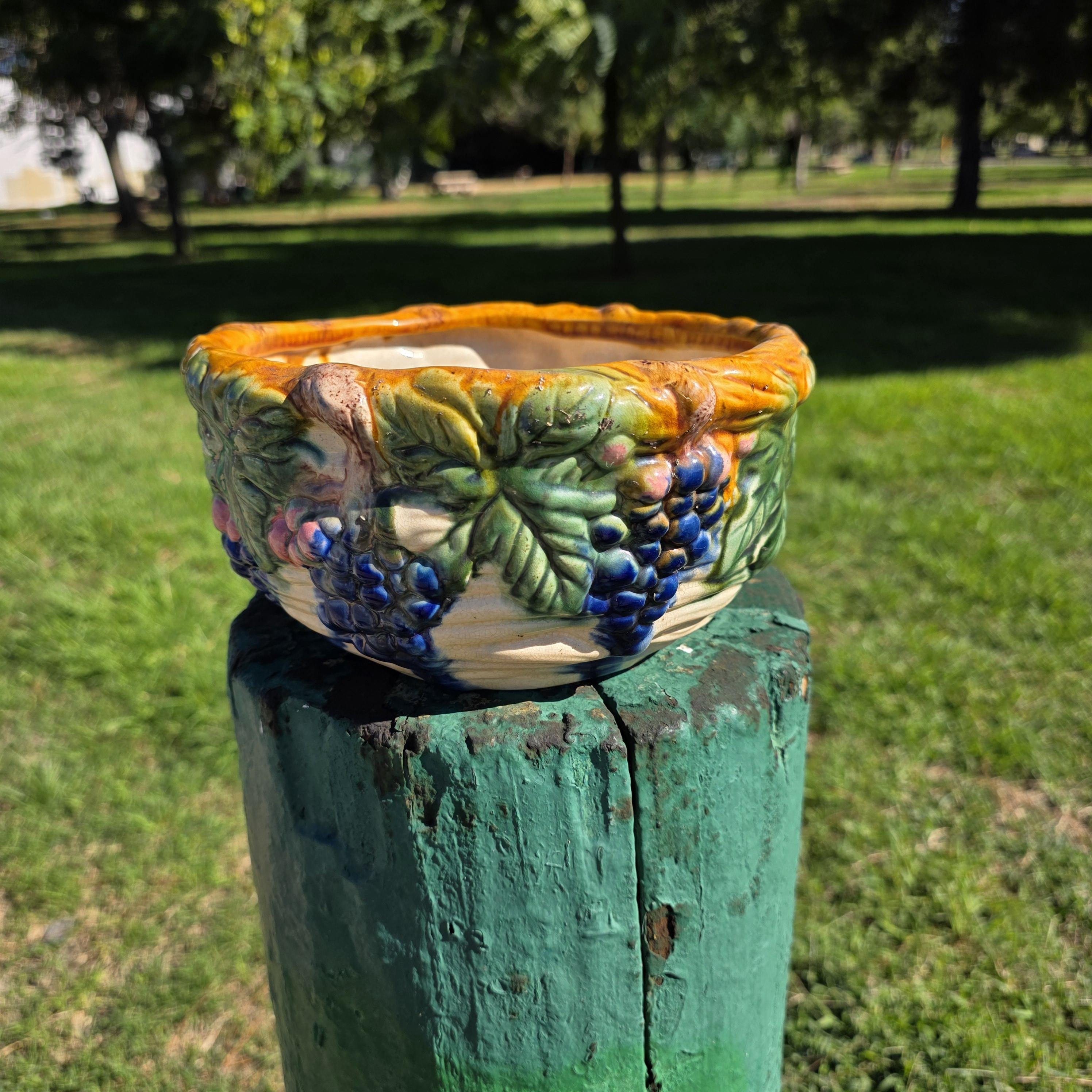 Vintage Majolica-Style Ceramic Planter with Grapevine Relief 8"Dia x 4"H