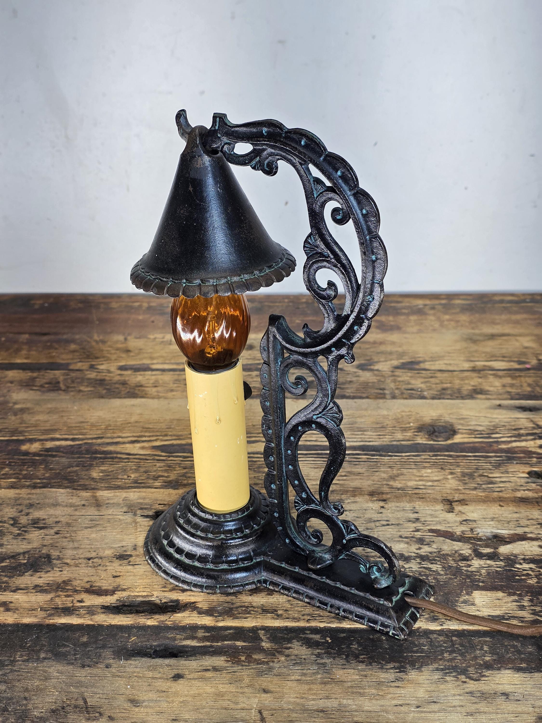 c.1920s Boudoir-Size Cast Iron Candle Lamp w / Hammered Smoke-Bell Shade