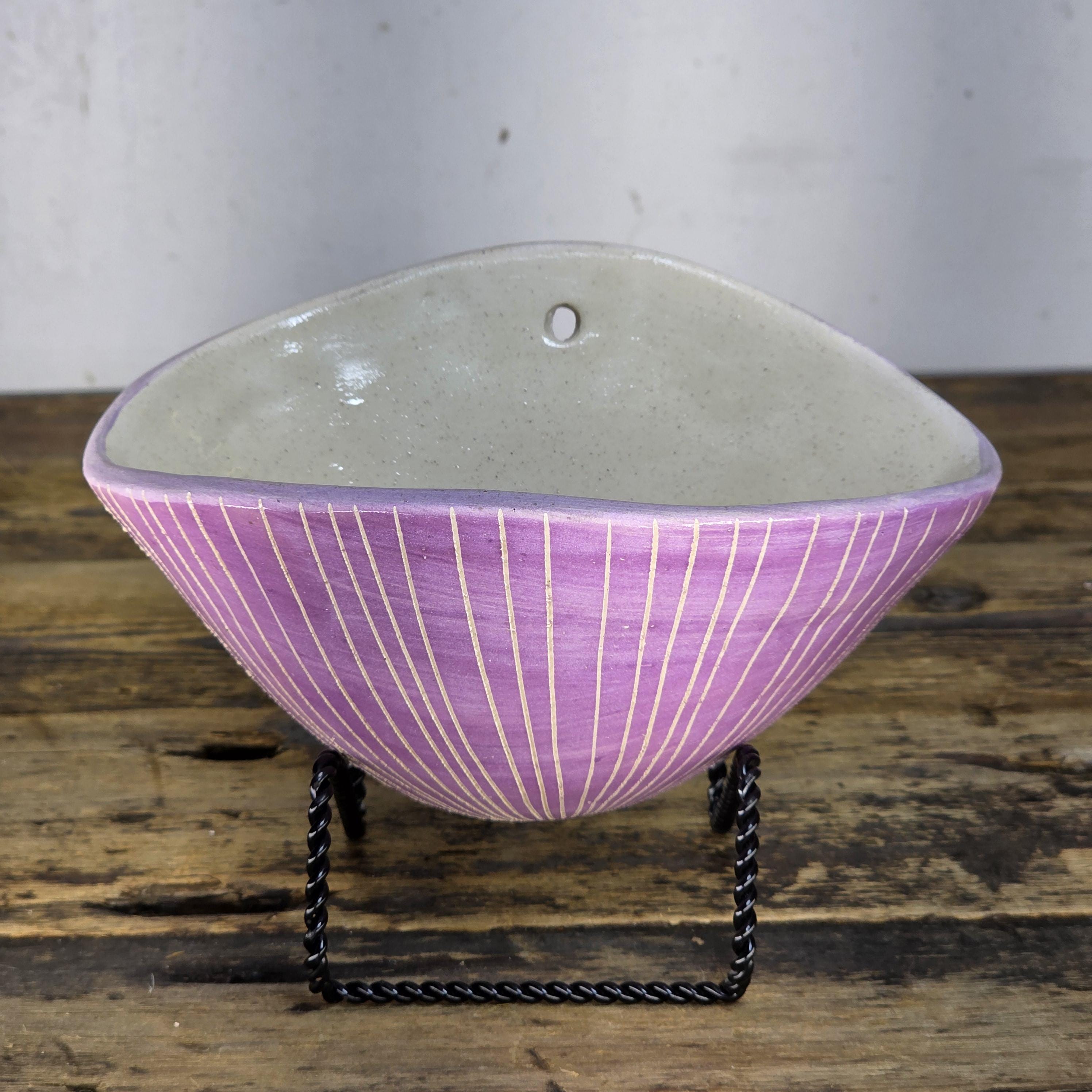 Handmade Terracotta Wall Pocket Wall Planter (Purple, Sgraffito Vertical Lines)