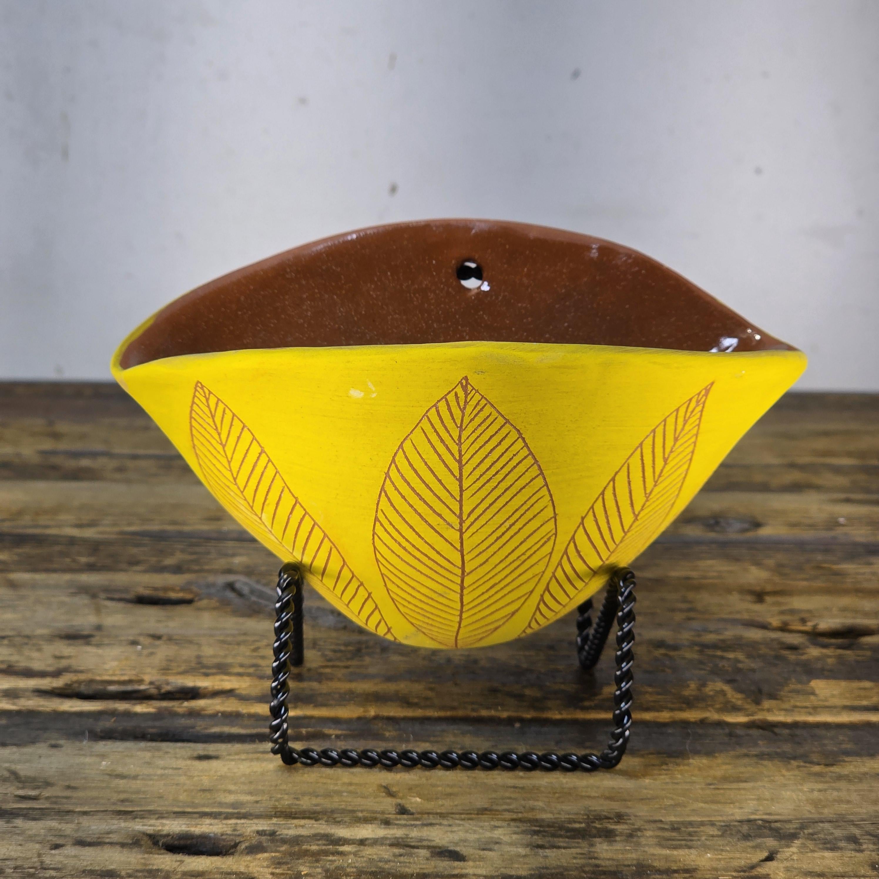 Handmade Terracotta Wall Pocket / Wall Planter (Yellow, Leaf Motif)