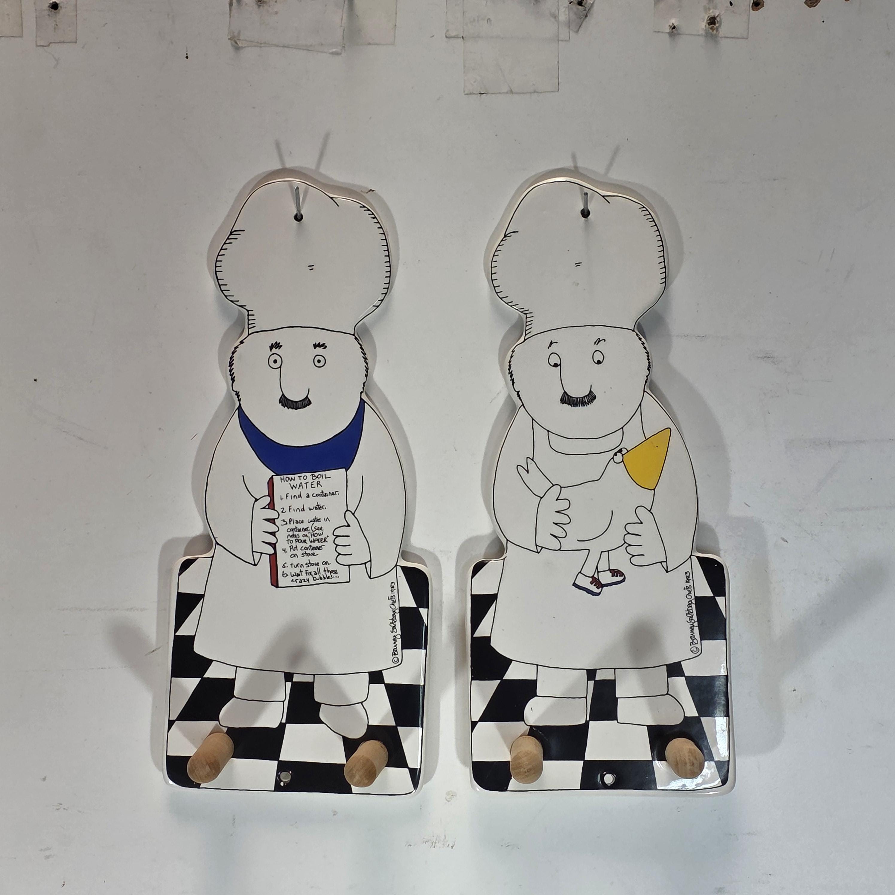 Barney Salzburg 1983 Ceramic Chef Wall Hooks – Set of 2