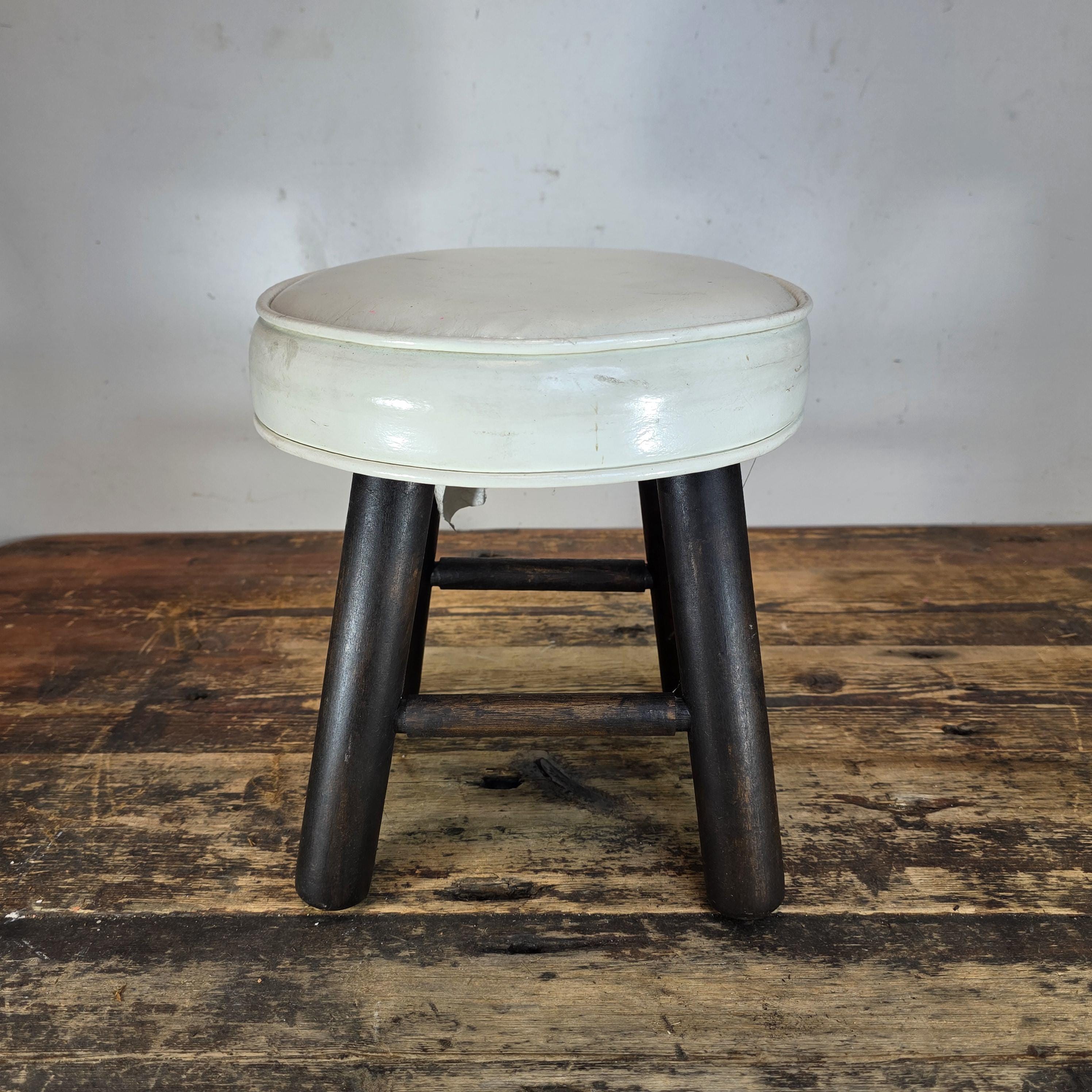 Vintage Wooden Stool with White Cushion (Continental Seat, Inc.)