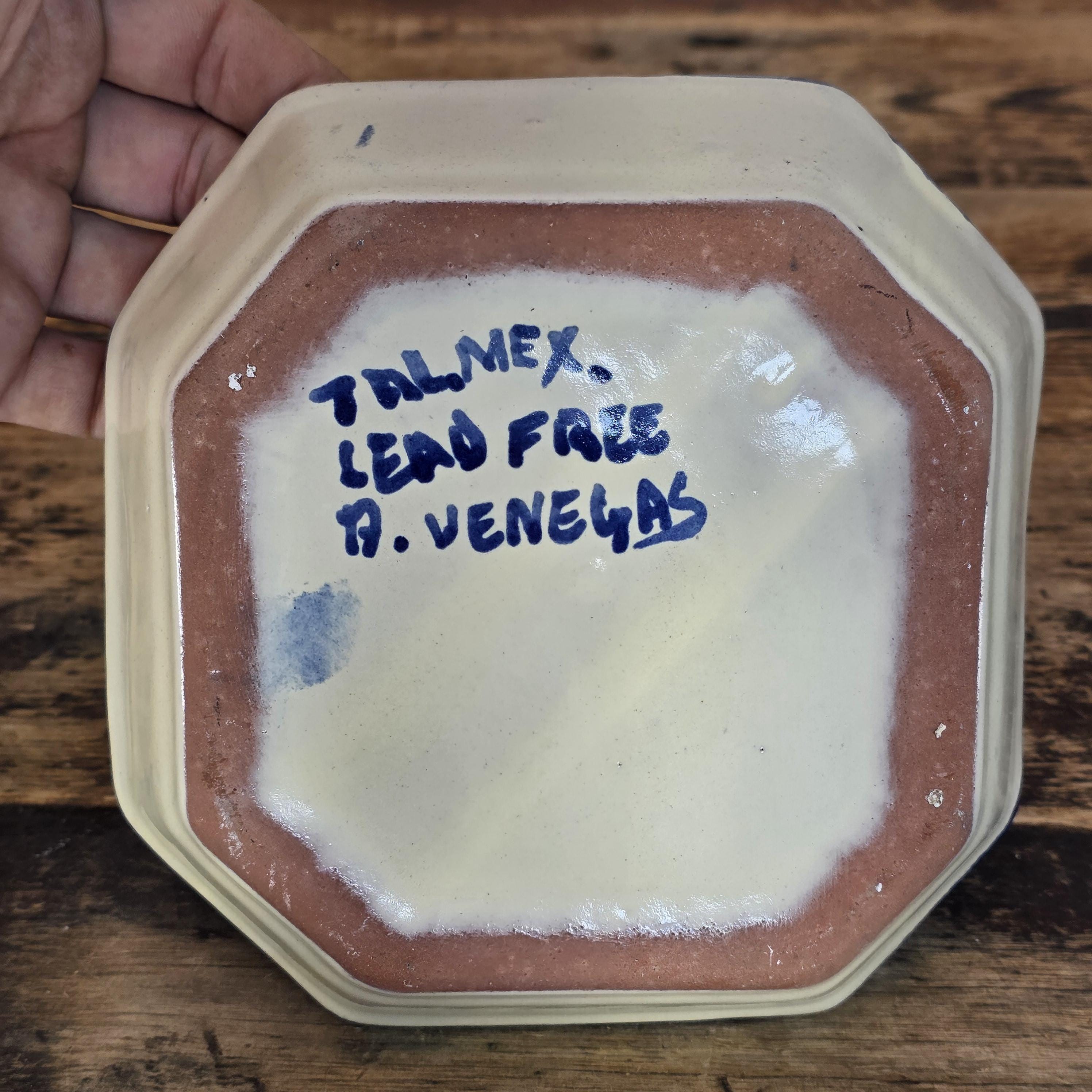 Talavera Pottery Bowl - Blue & White Octagonal Dish Signed R. VENEGAS