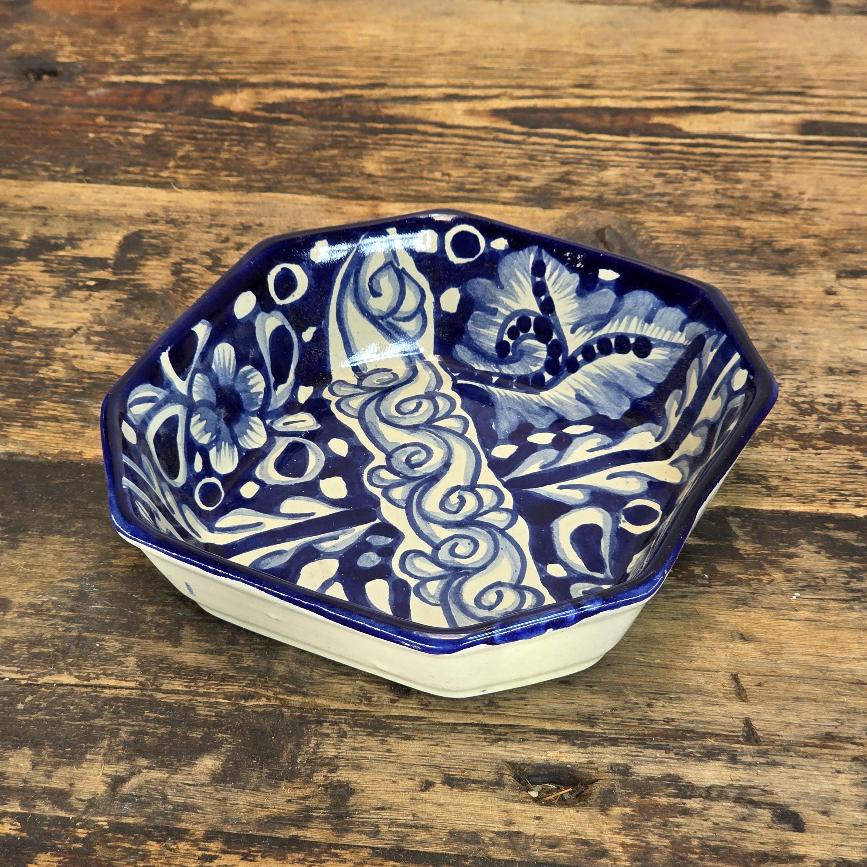 Talavera Pottery Bowl - Blue & White Octagonal Dish Signed R. VENEGAS