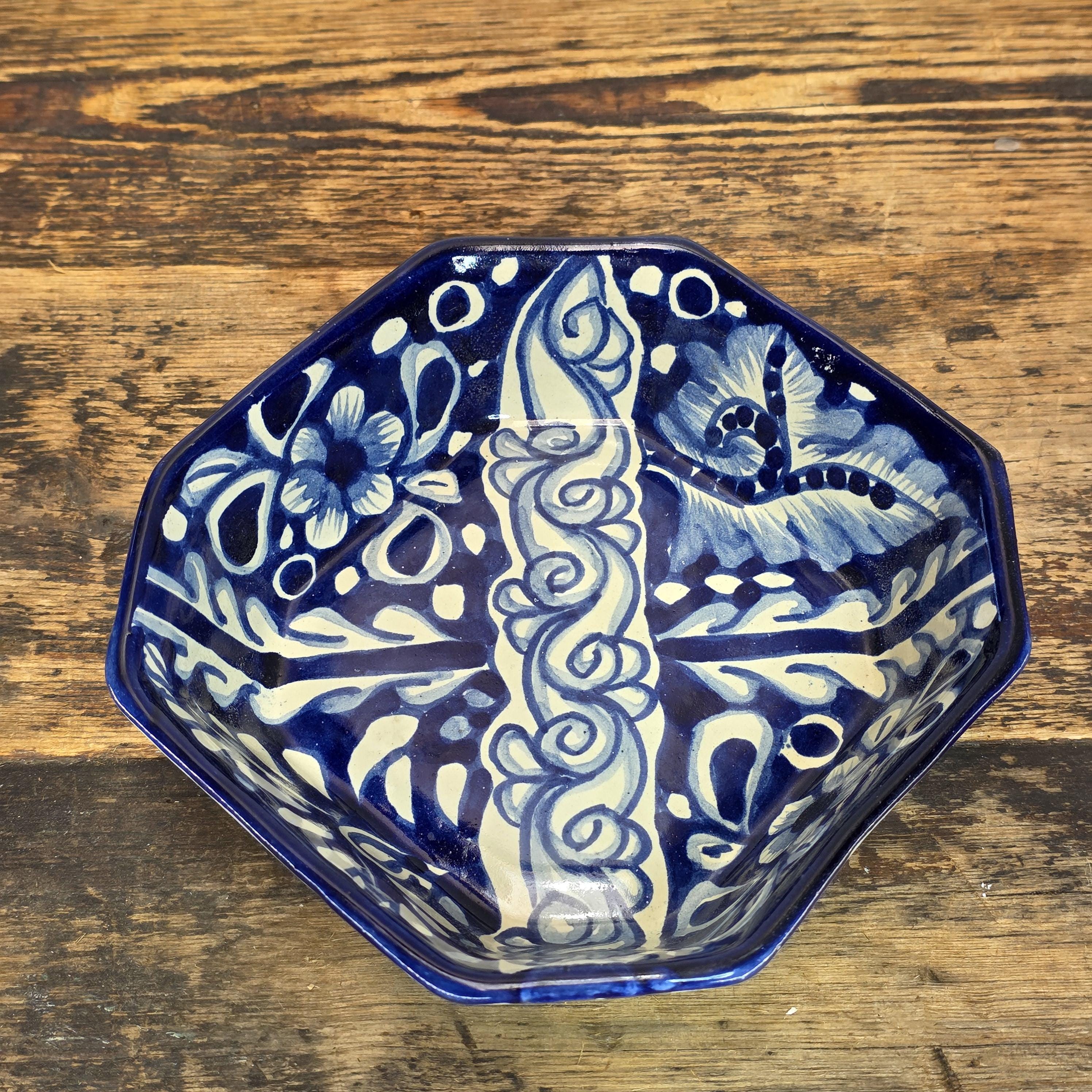 Talavera Pottery Bowl - Blue & White Octagonal Dish Signed R. VENEGAS