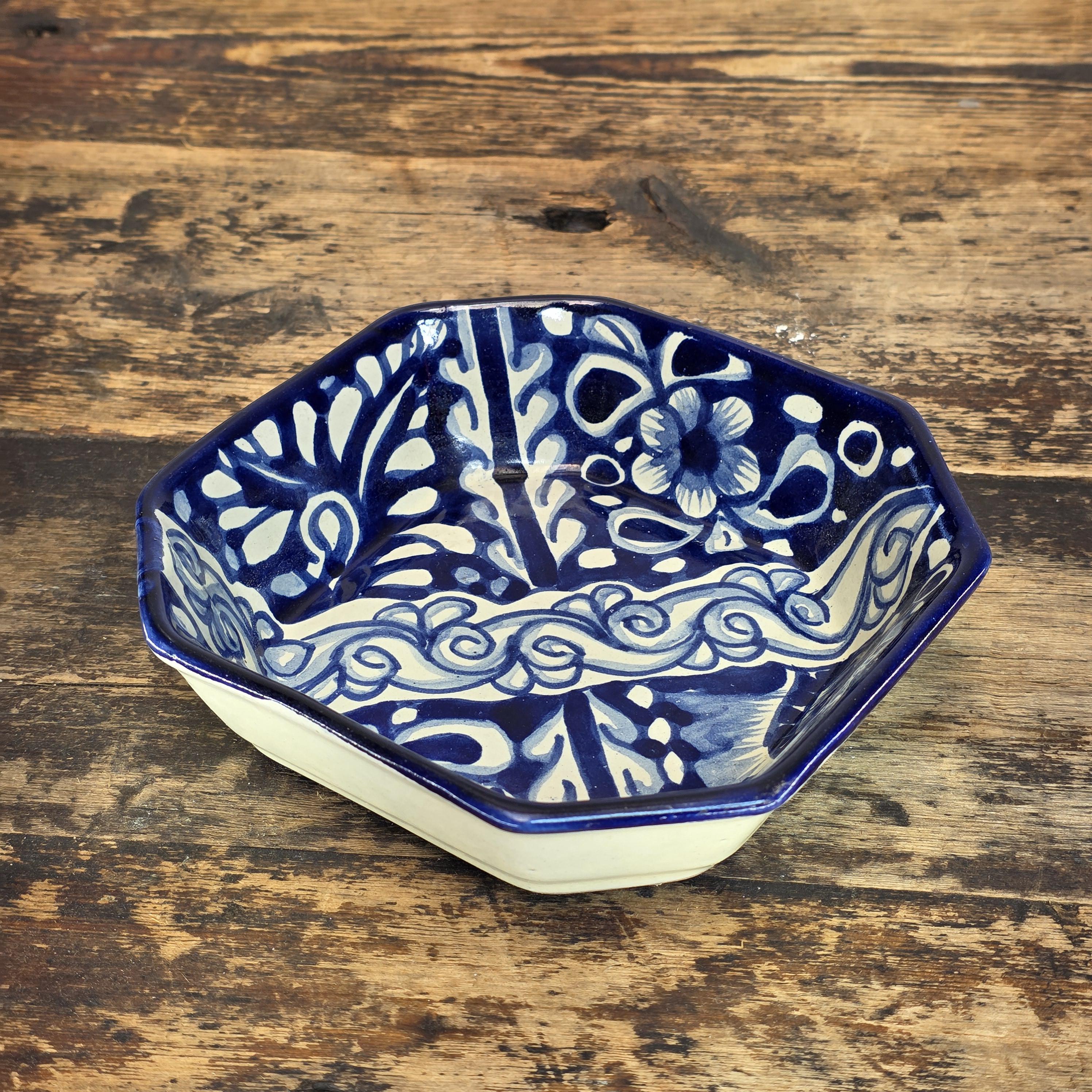 Talavera Pottery Bowl - Blue & White Octagonal Dish Signed R. VENEGAS