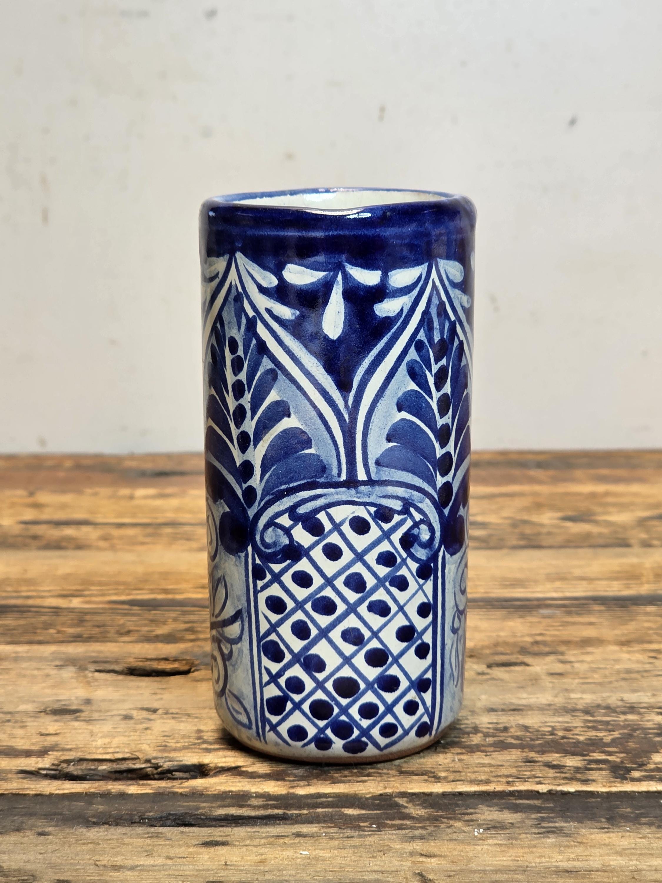 Vintage Mexican Talavera Tumbler - Blue & White Hand-Painted Pottery
