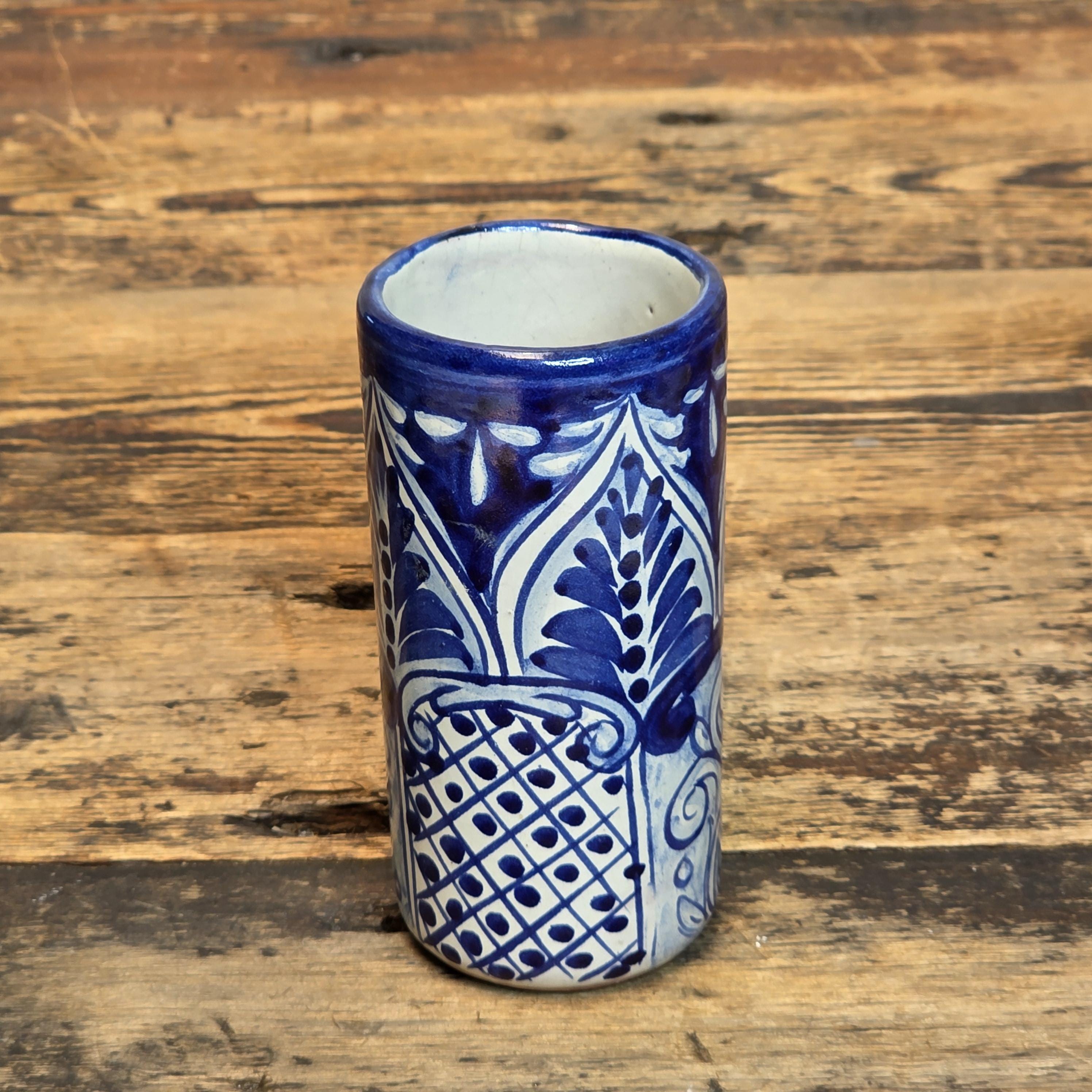 Vintage Mexican Talavera Tumbler - Blue & White Hand-Painted Pottery
