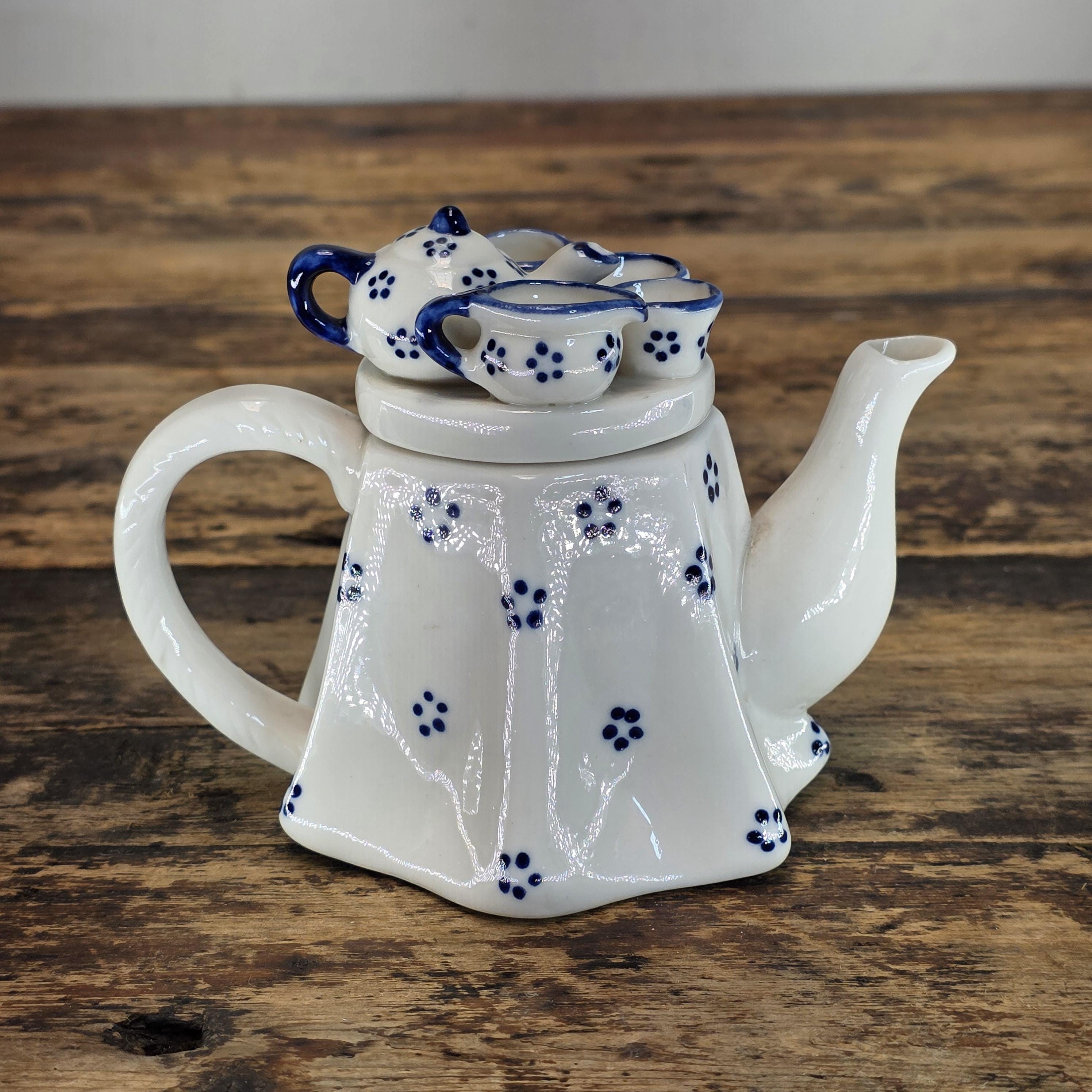 Vintage "Tea Party" Novelty Teapot - Delft Blue Style - Japanese Export Ceramic