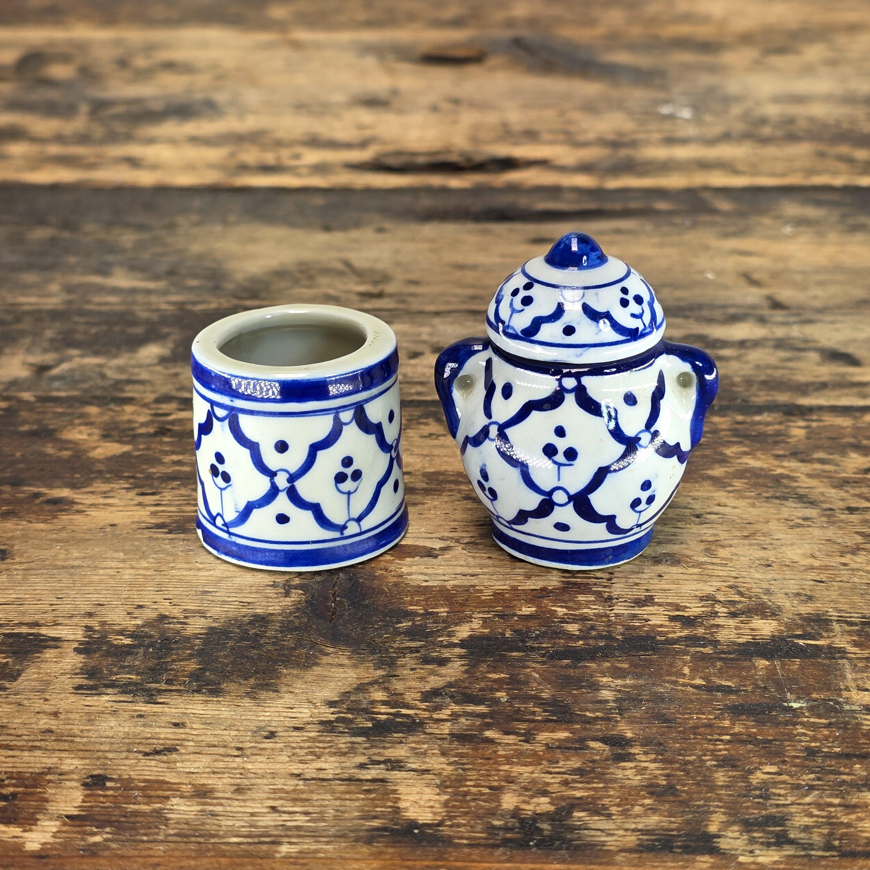 Miniature Blue & White Ceramic Thai-Style Ginger Jar and Toothpick Holder Set