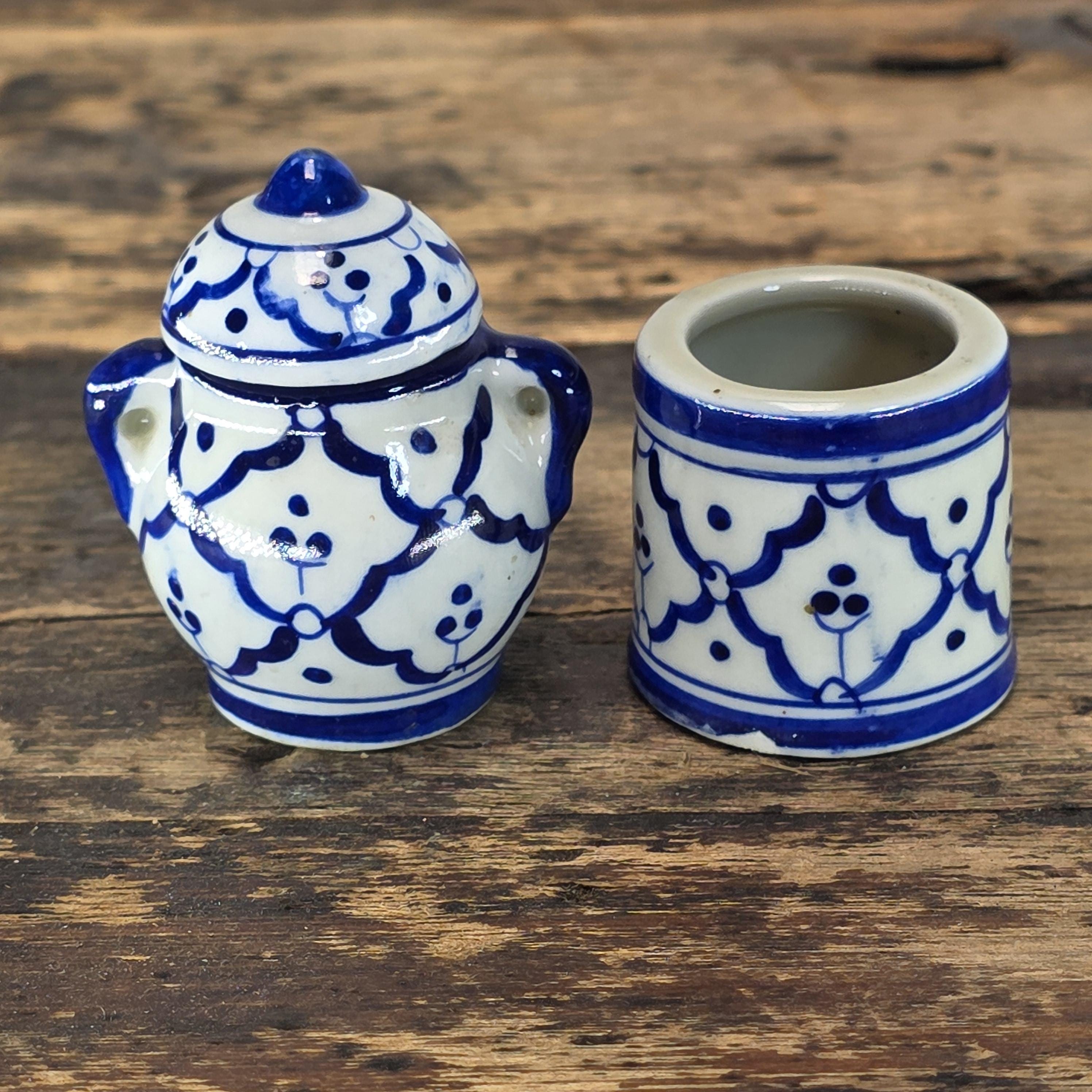 Miniature Blue & White Ceramic Thai-Style Ginger Jar and Toothpick Holder Set