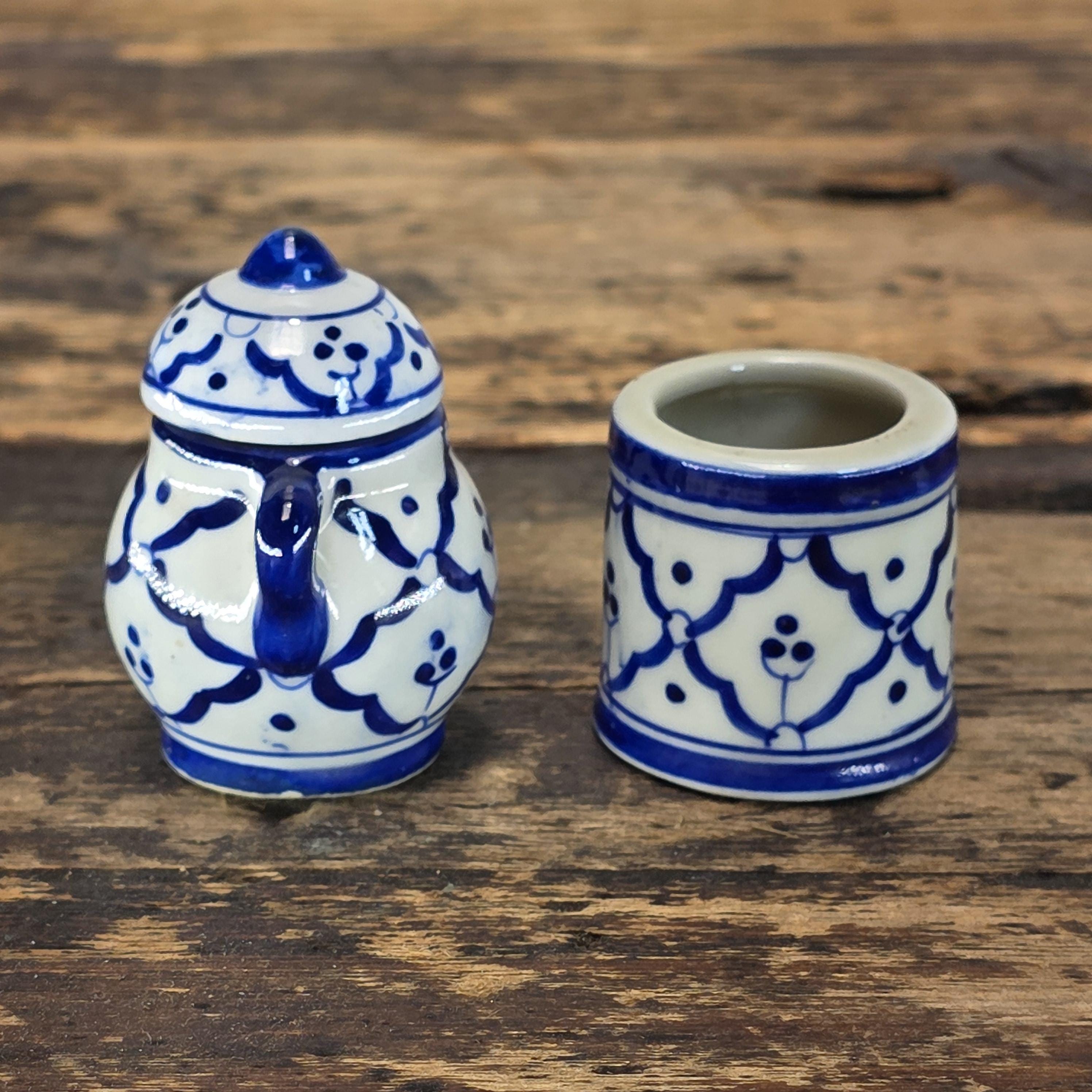 Miniature Blue & White Ceramic Thai-Style Ginger Jar and Toothpick Holder Set