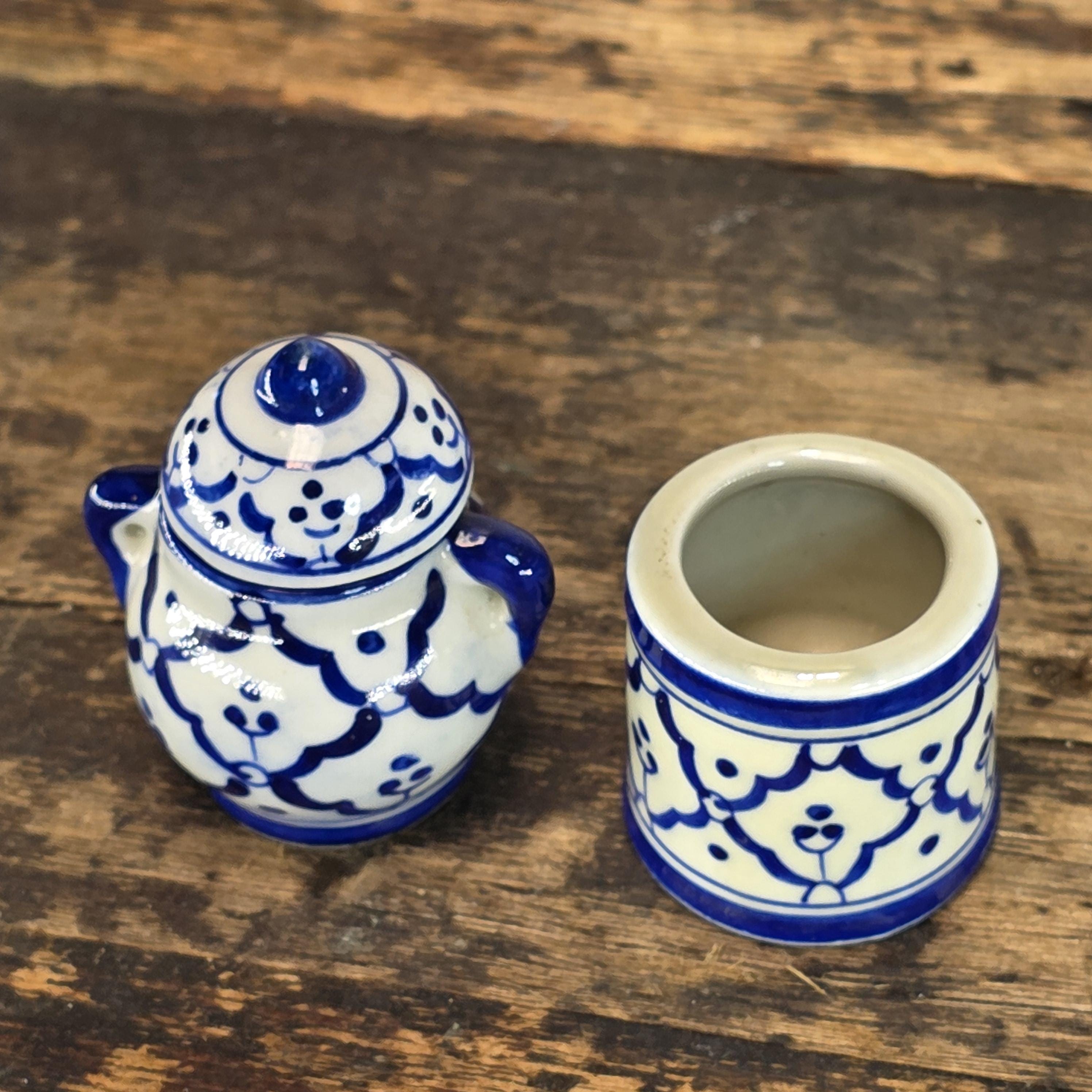 Miniature Blue & White Ceramic Thai-Style Ginger Jar and Toothpick Holder Set