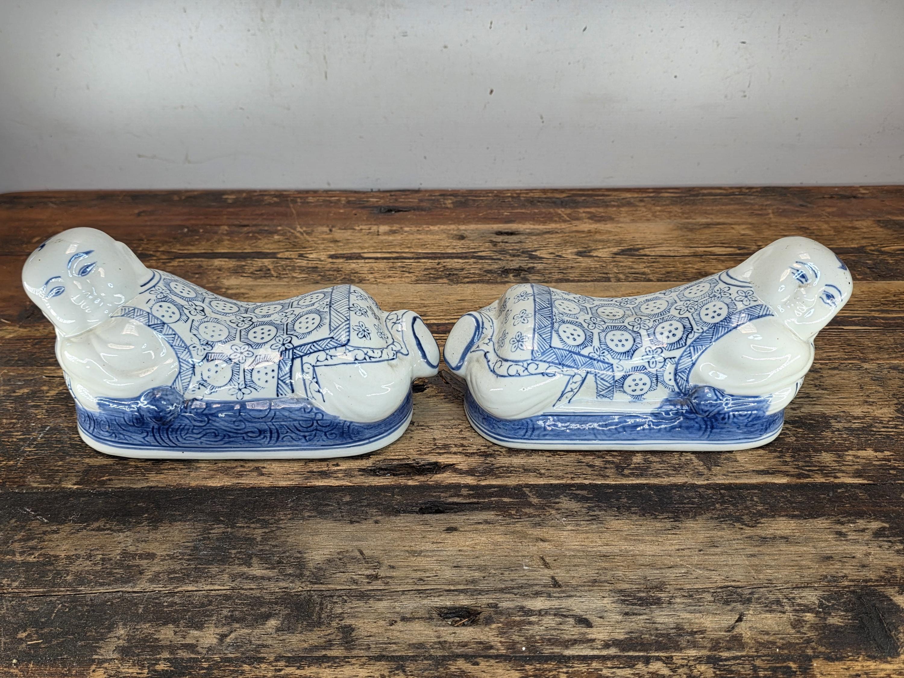 Vintage Pair of Chinese Blue & White Porcelain Pillows - "Lounging Boys"