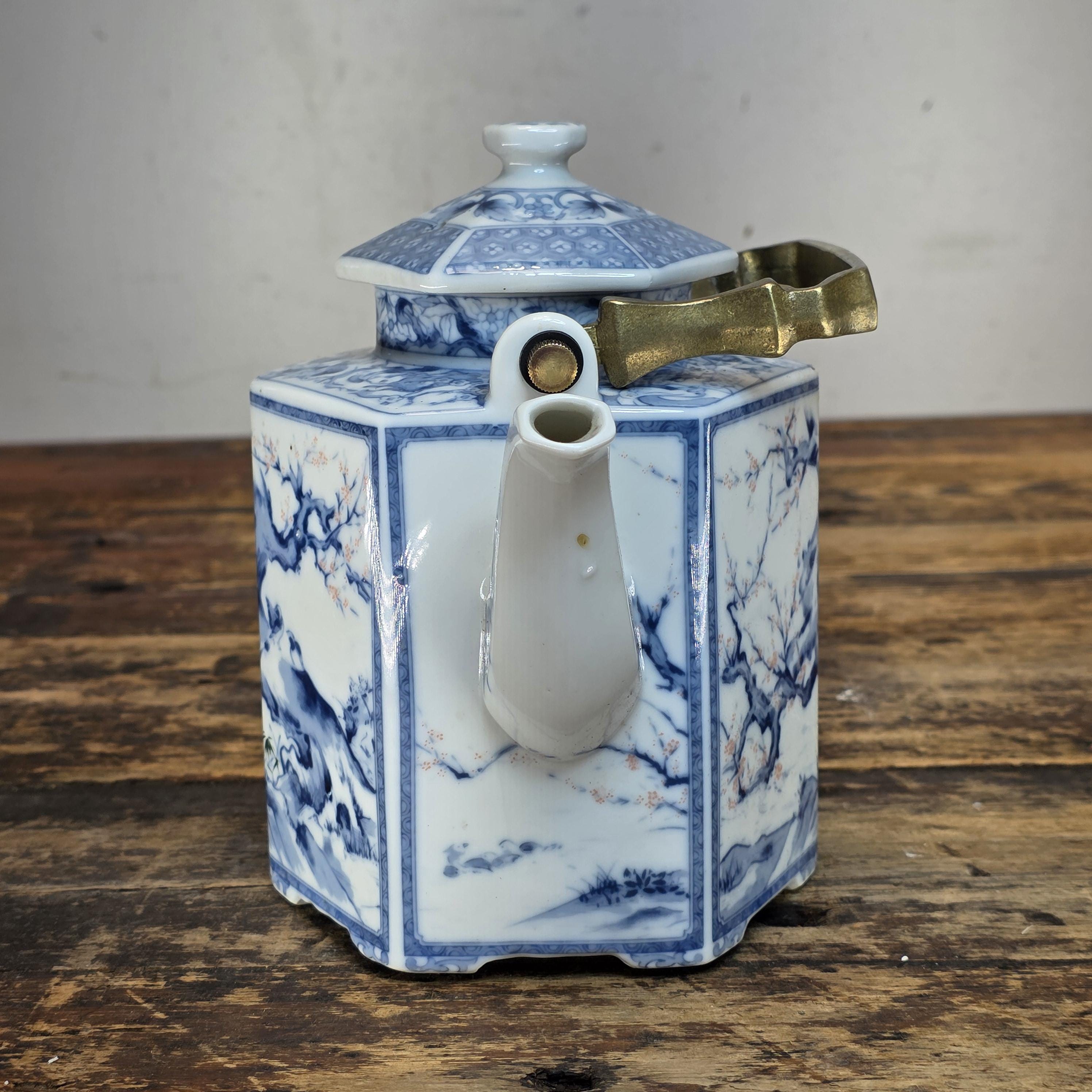 Vintage Dolphin China Hexagonal Teapot - Japanese Porcelain, Arita Style