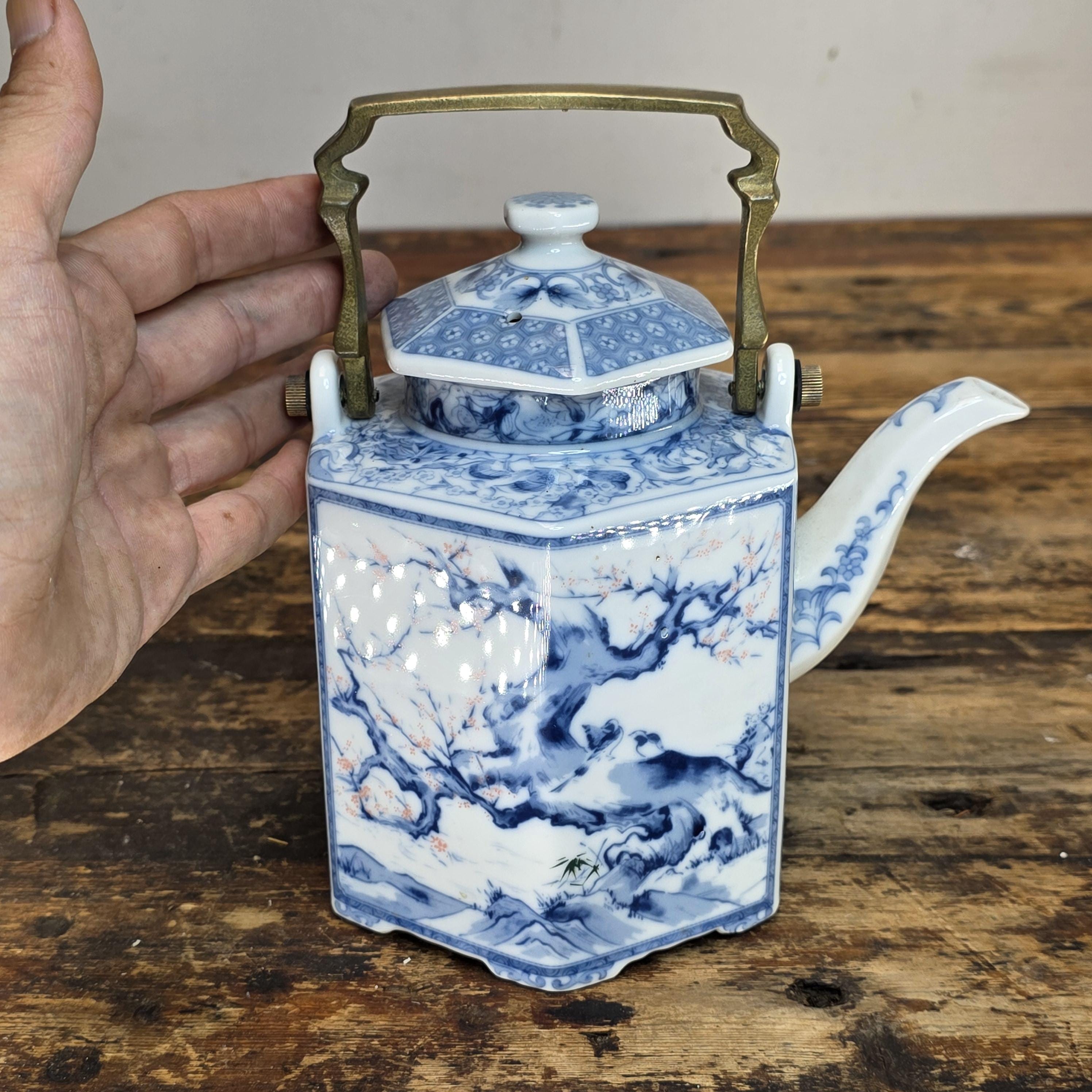 Vintage Dolphin China Hexagonal Teapot - Japanese Porcelain, Arita Style