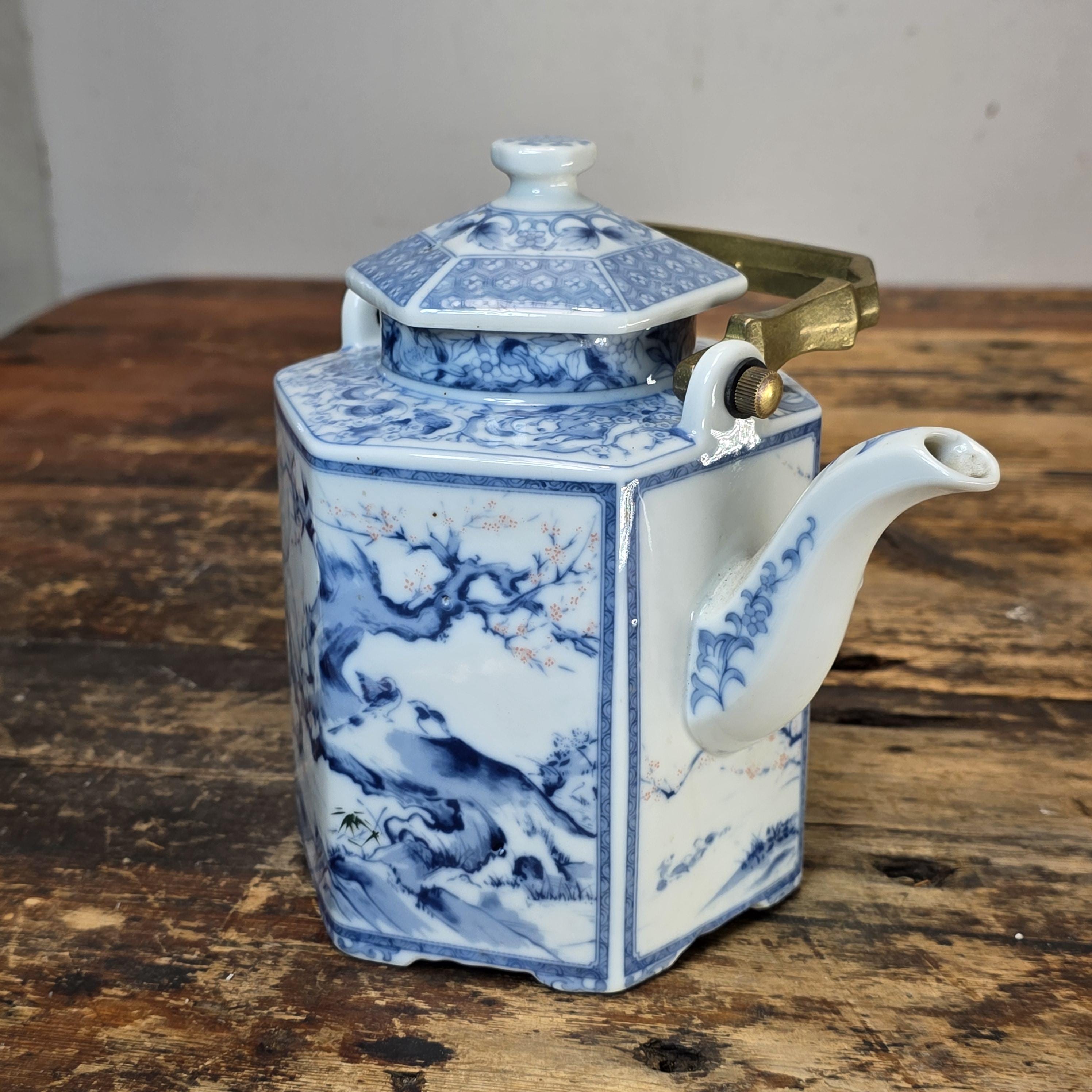 Vintage Dolphin China Hexagonal Teapot - Japanese Porcelain, Arita Style