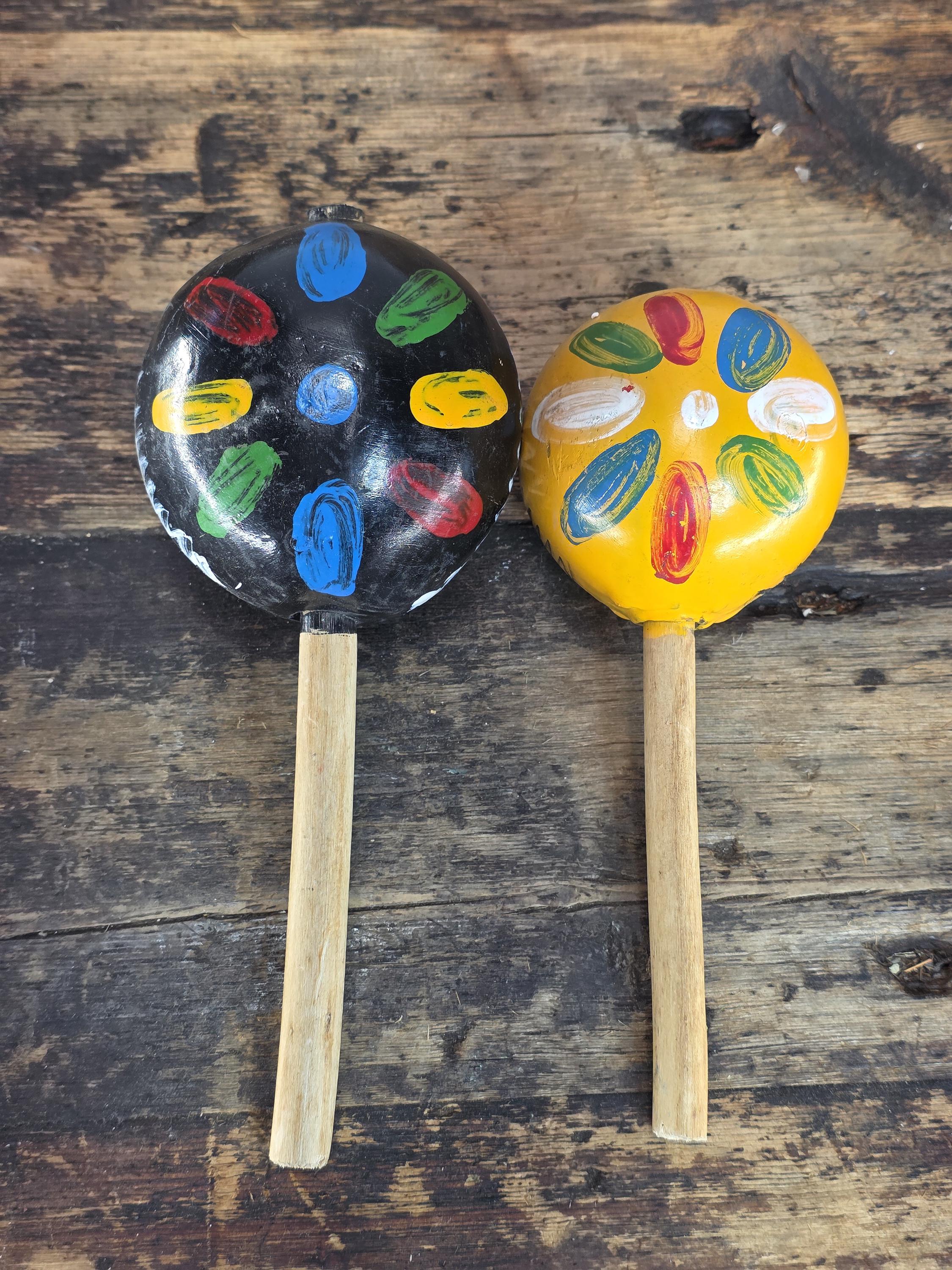 Vintage Mexican Folk Art Set - Pair of Maracas & Serape-Style Woven Placemat