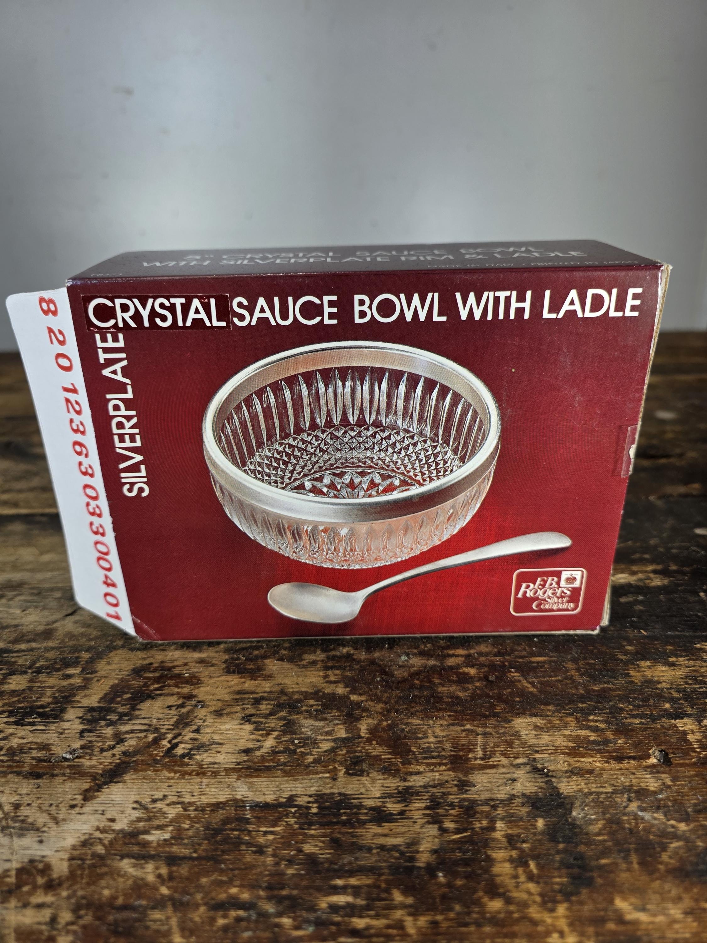 F.B. Rogers Silver Company 5" Crystal Sauce Bowl w Silverplate Rim & Ladle Italy