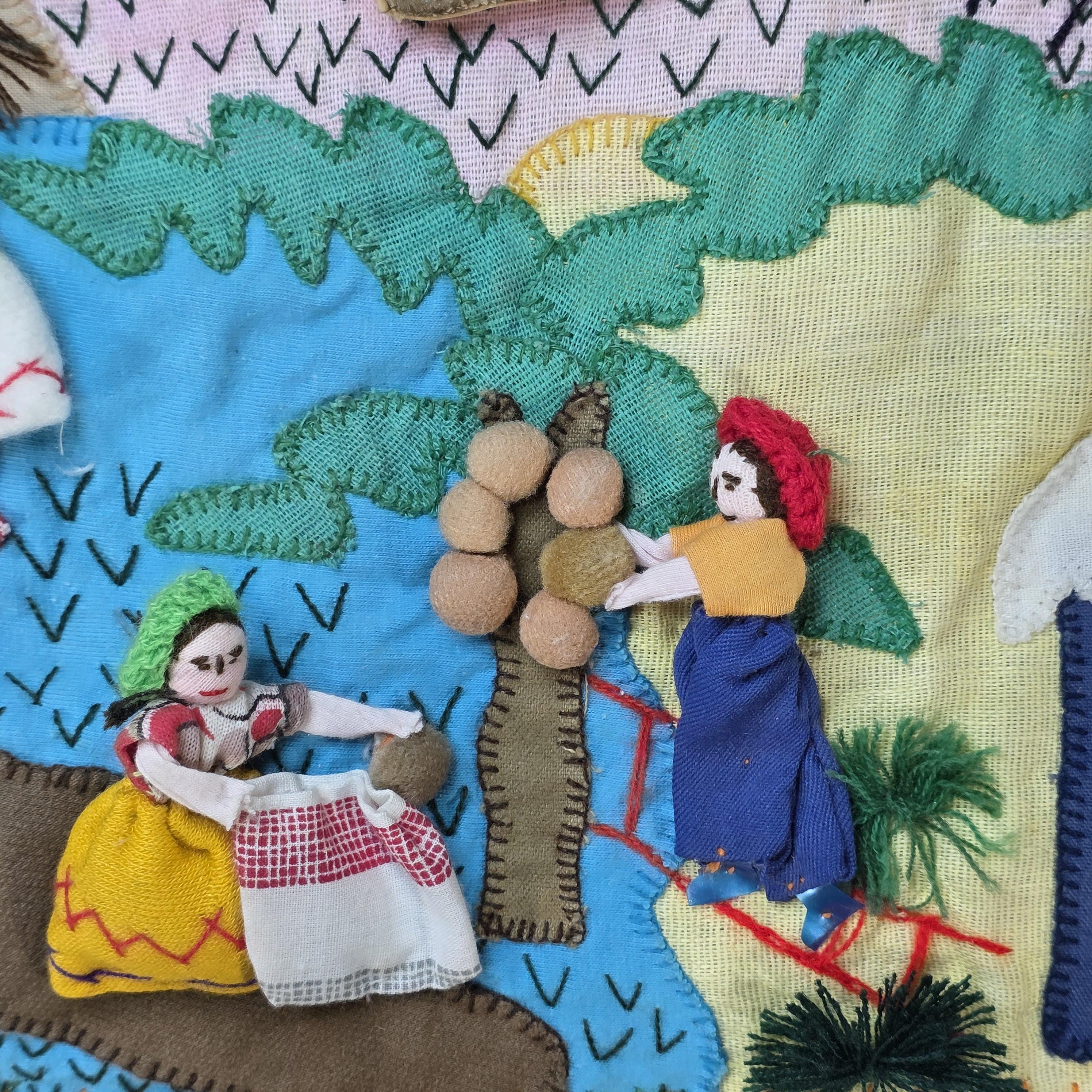Vintage Peruvian Arpillera Wall Embroidery Textile Art “Cosecha de …” 19"x17"