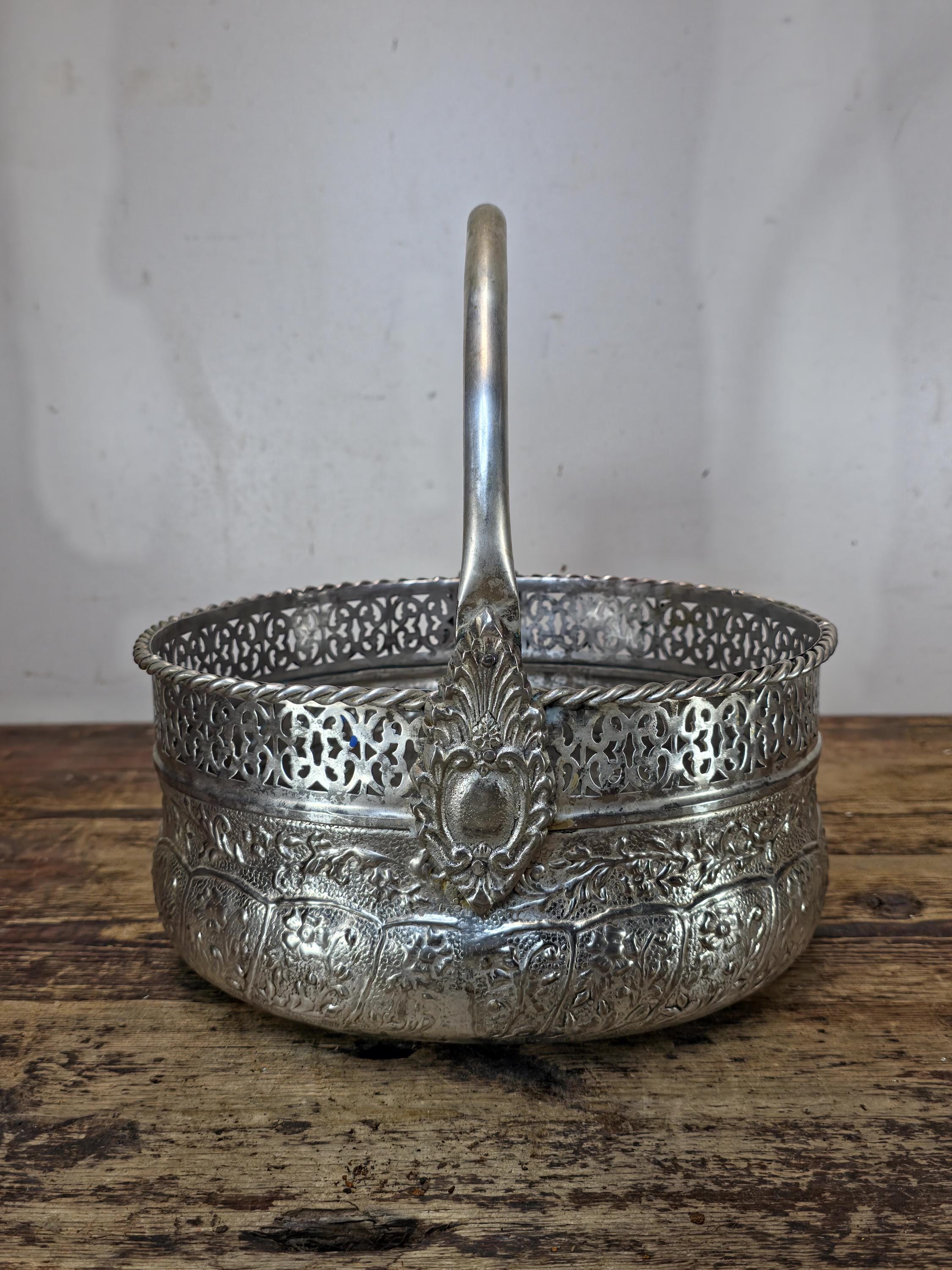 Vintage Silverplated Repoussé Basket with Handle Handmade India 10.25"L x 8.75"W