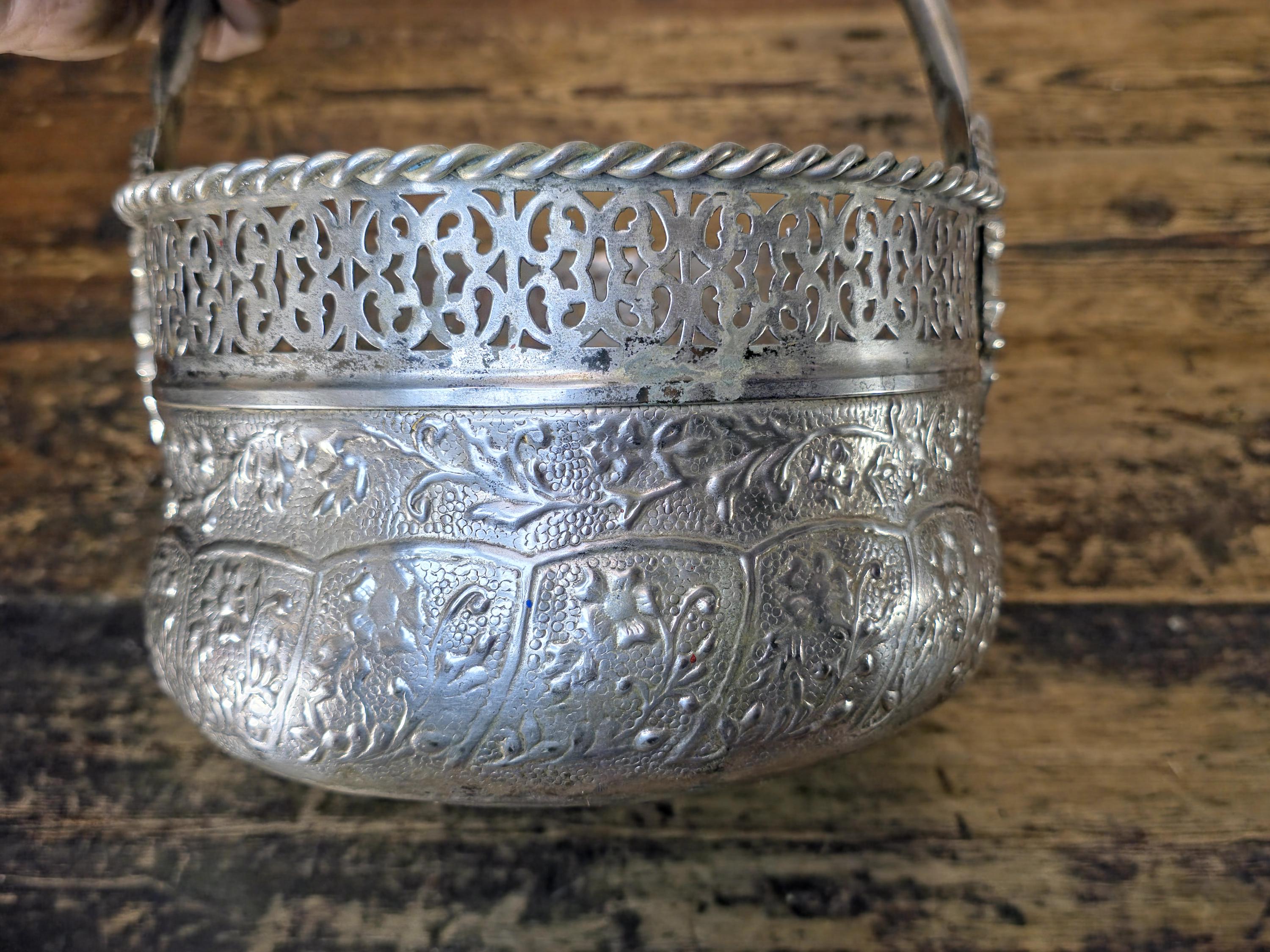 Vintage Silverplated Repoussé Basket with Handle Handmade India 10.25"L x 8.75"W