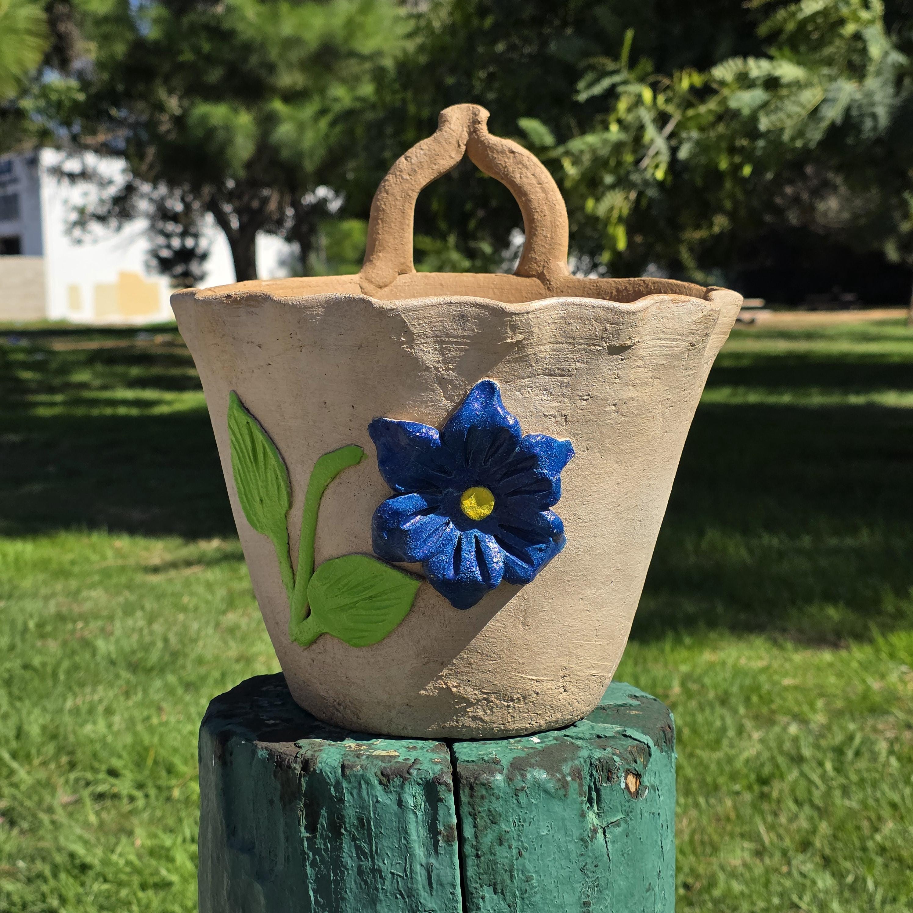 Vintage Atzompa Oaxaca Terracotta Wall Pocket Planter with Blue Flower