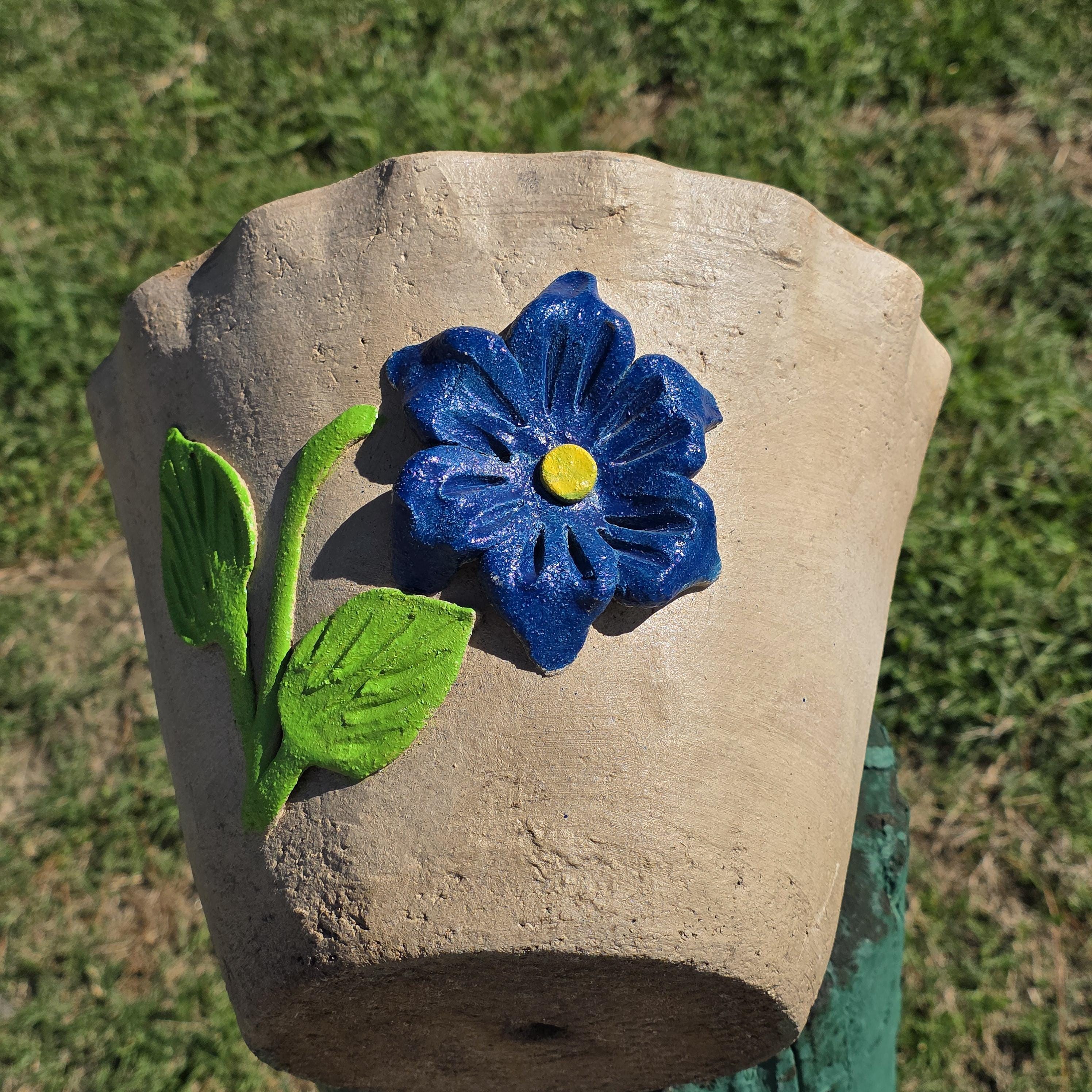 Vintage Atzompa Oaxaca Terracotta Wall Pocket Planter with Blue Flower