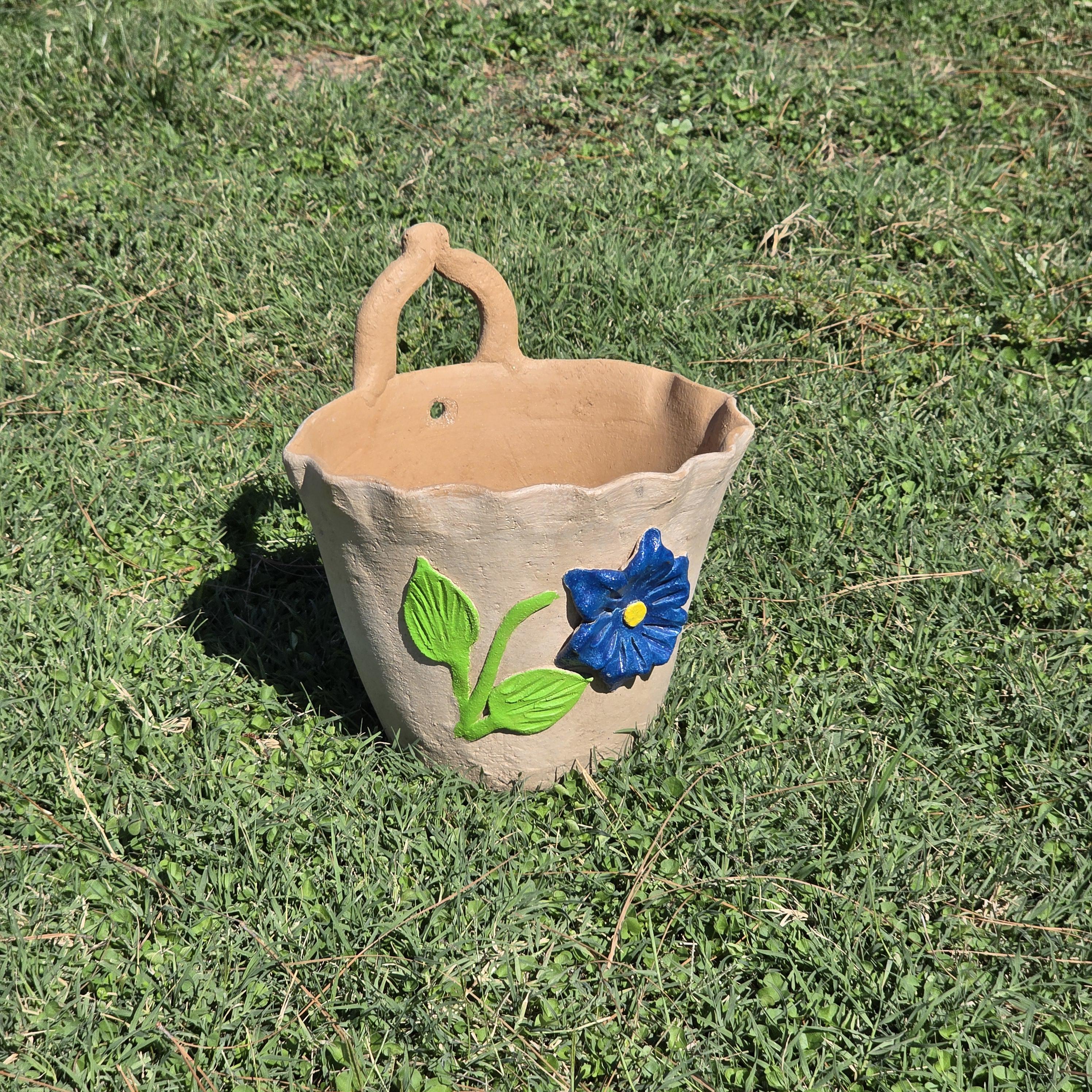 Vintage Atzompa Oaxaca Terracotta Wall Pocket Planter with Blue Flower
