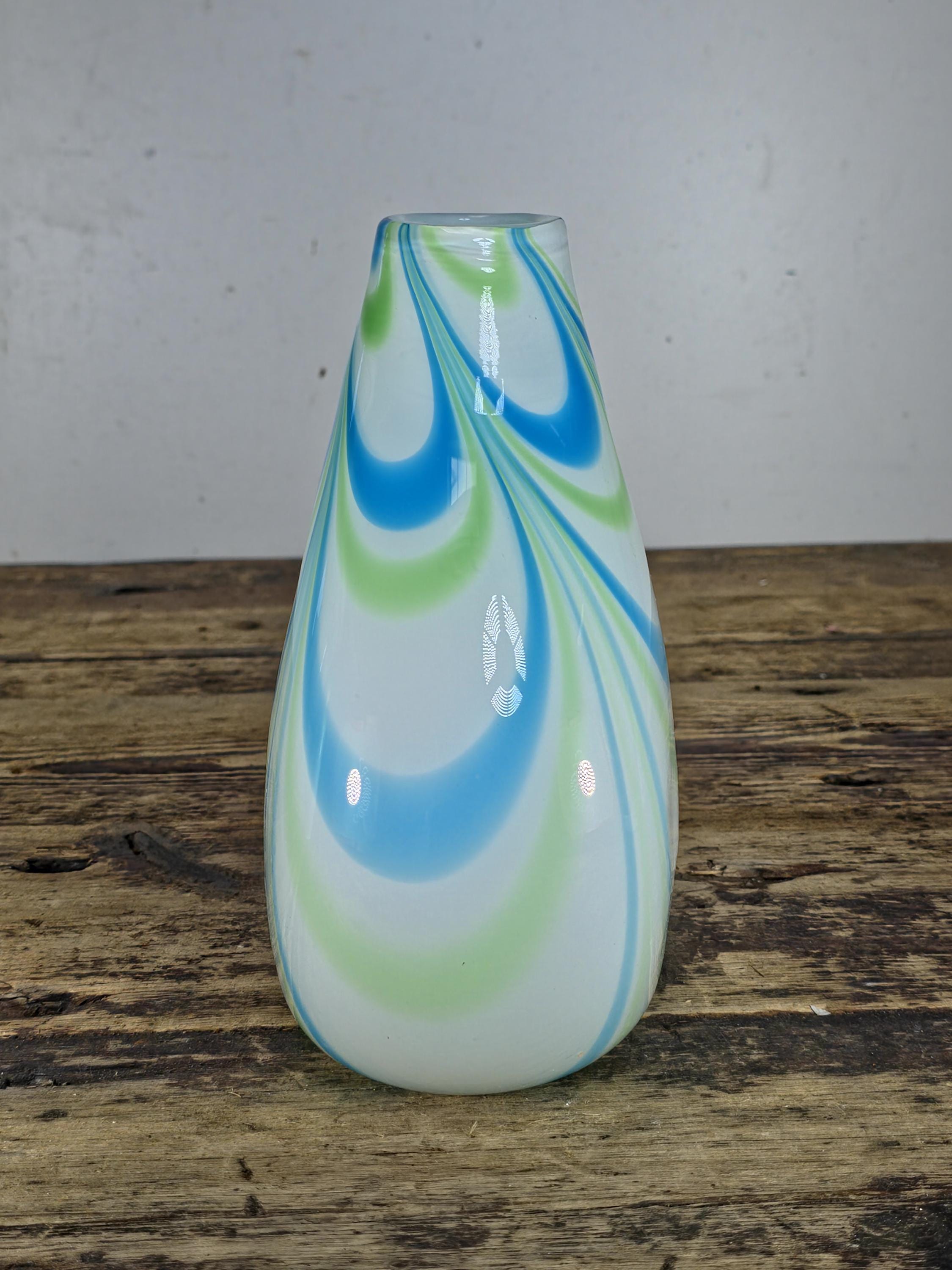 Margie’s Garden Hand Blown Glass Vase with Blue & Green Swirl Pattern