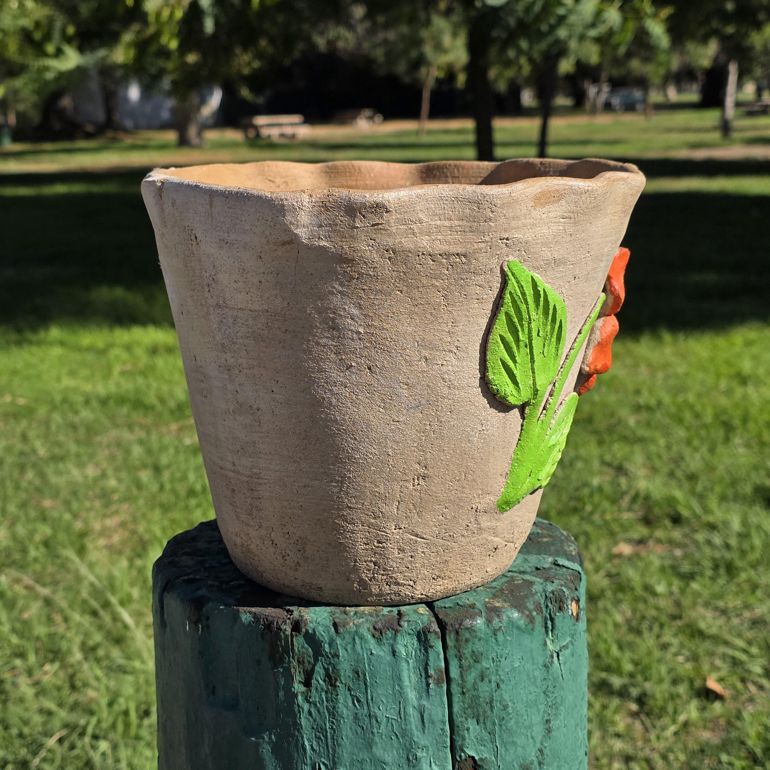 Vintage Atzompa Oaxaca Terracotta Wall Pocket Planter with Orange Flower