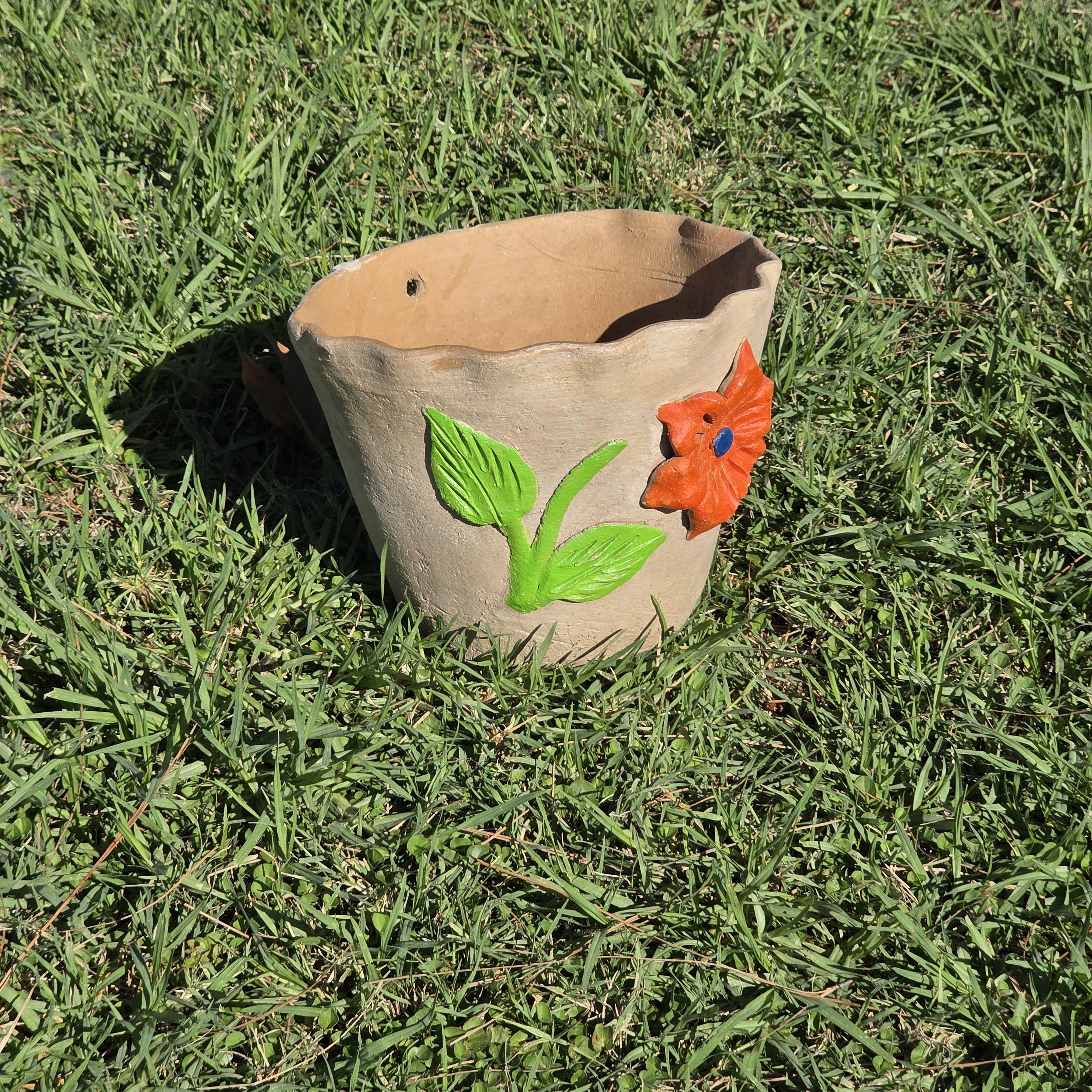 Vintage Atzompa Oaxaca Terracotta Wall Pocket Planter with Orange Flower