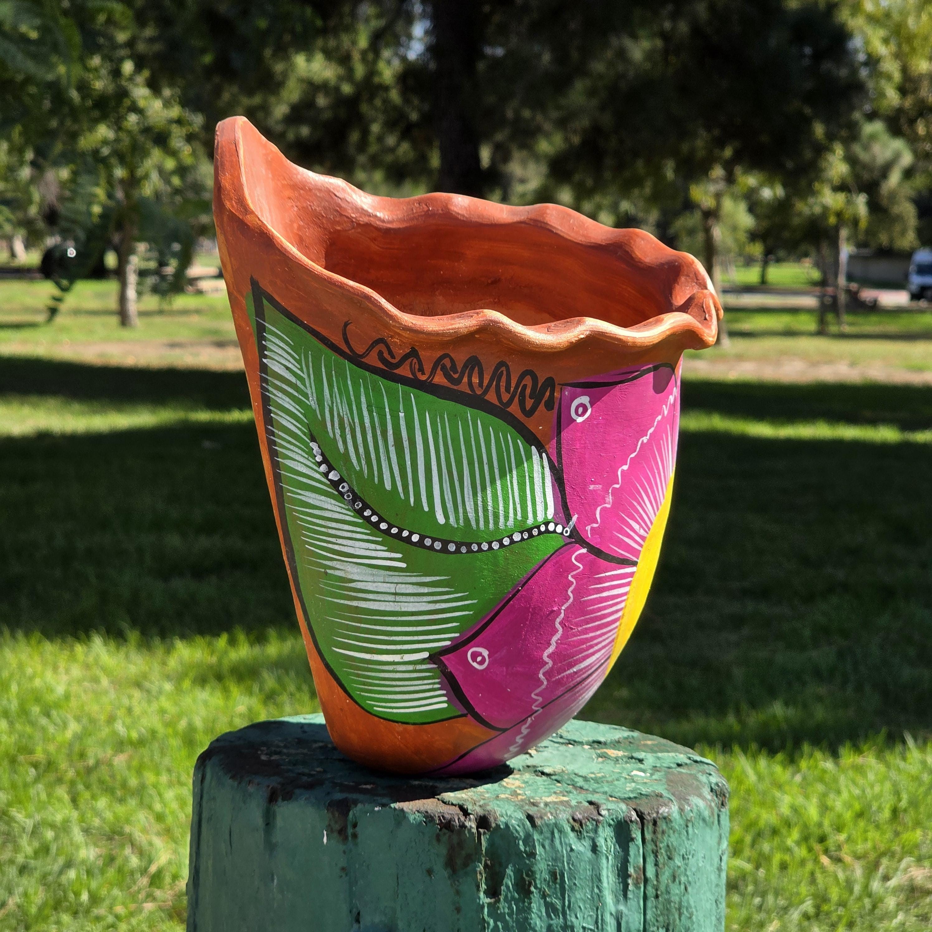 Mexican Atzompa Hand-Painted Floral Terracotta Wall Planter Oaxaca Folk Art