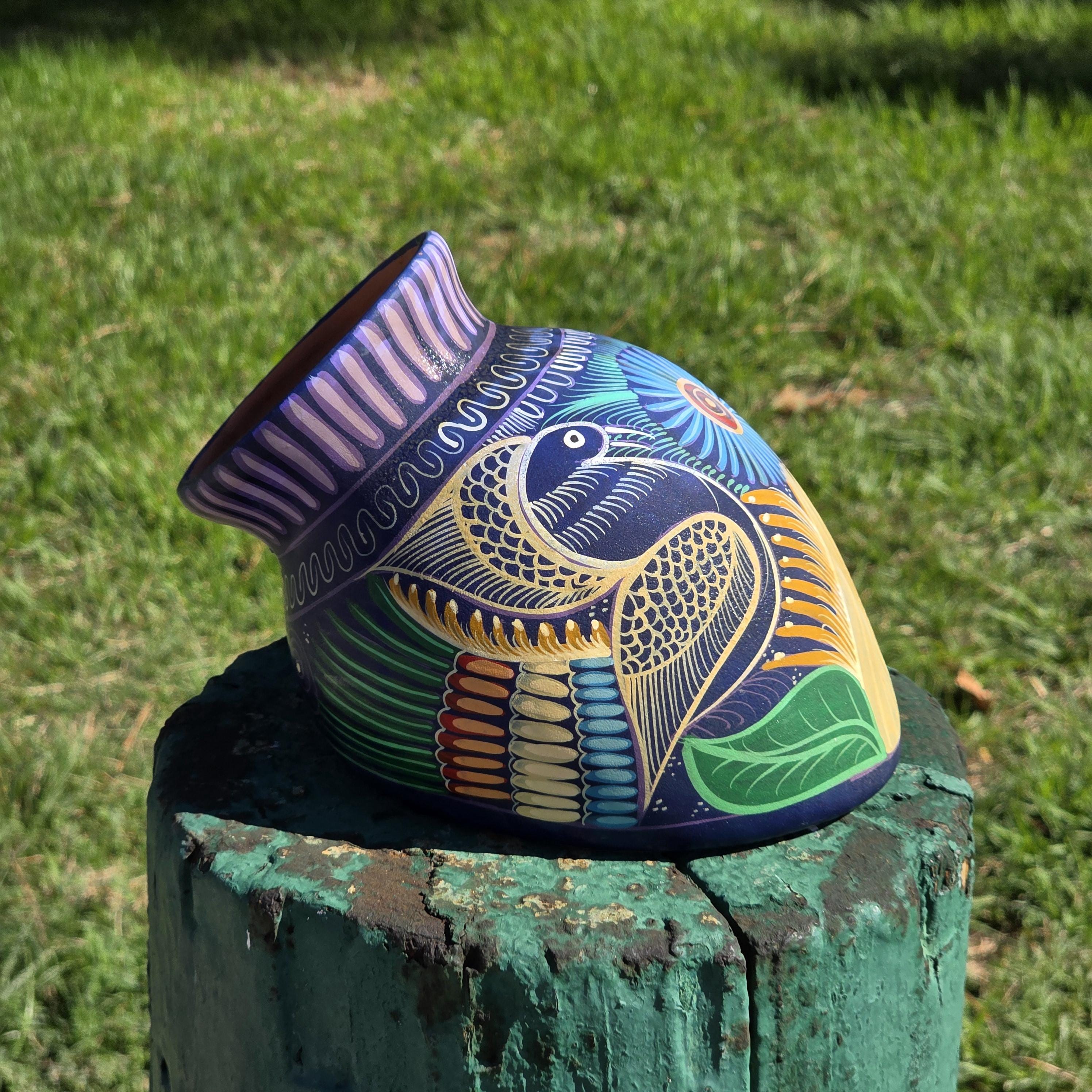 Hand-Painted Jalisco Mexico Pottery Wall Pocket Planter Folk Art Birds & Flowers