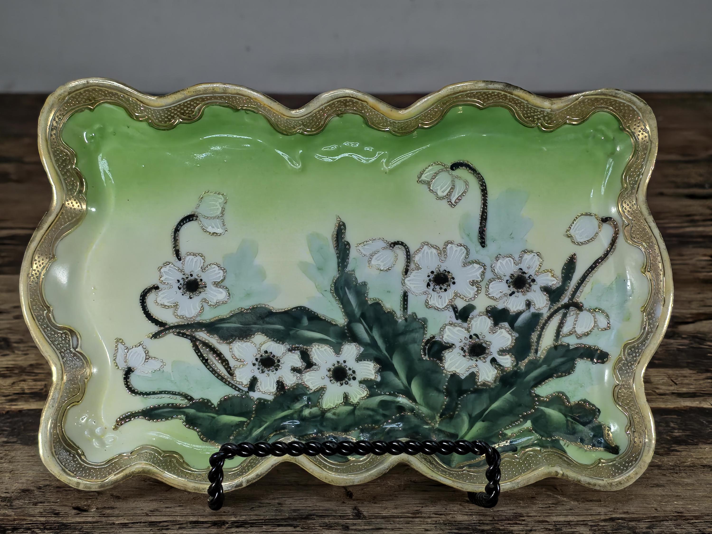 Hand Painted Nippon Style Moriage Tray, Floral Gold Gilt Porcelain 8.25" × 5.25"