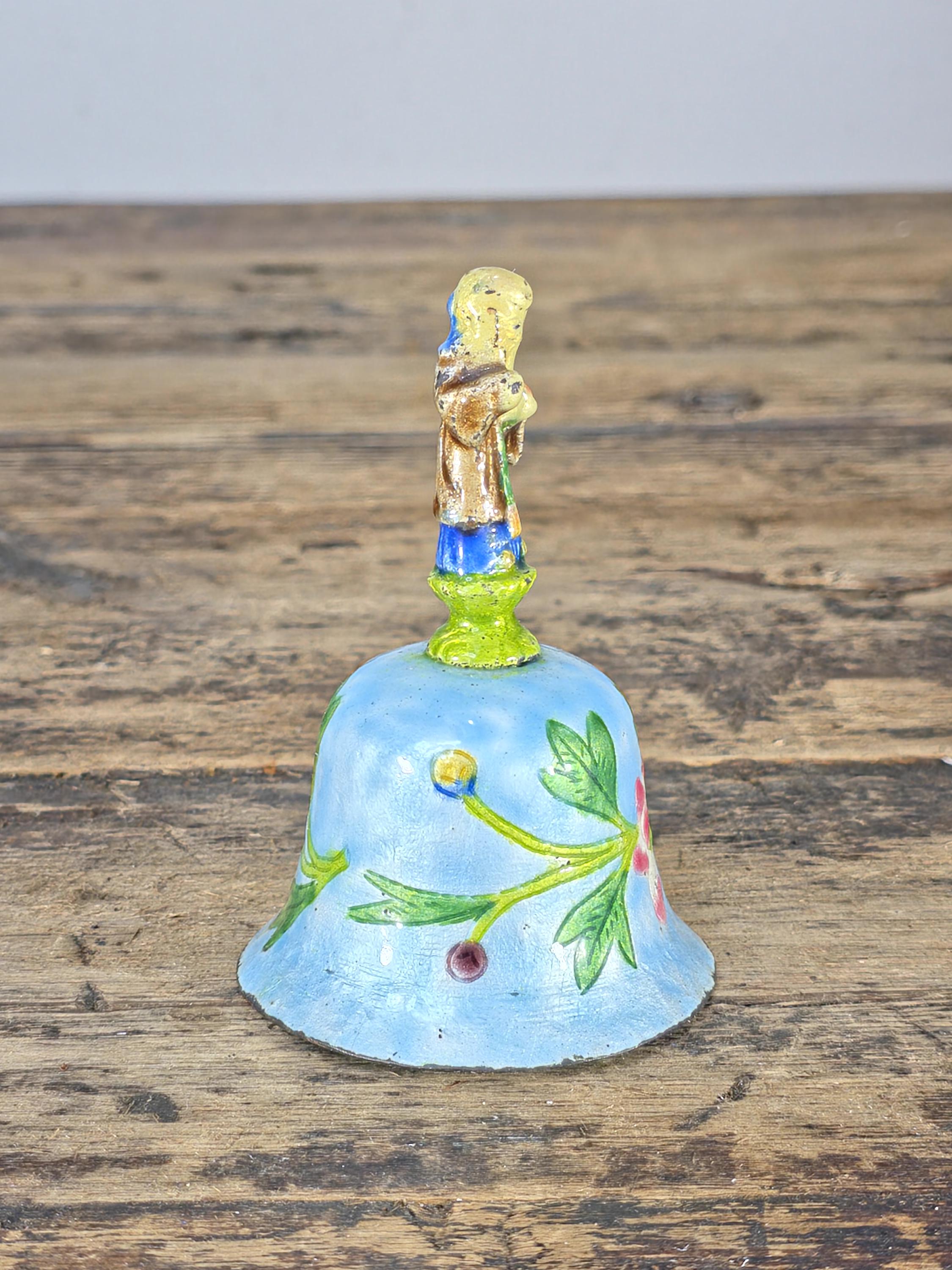 Vintage Hand Painted Enamel Metal Bell with Figure Handle, Marked CHINA